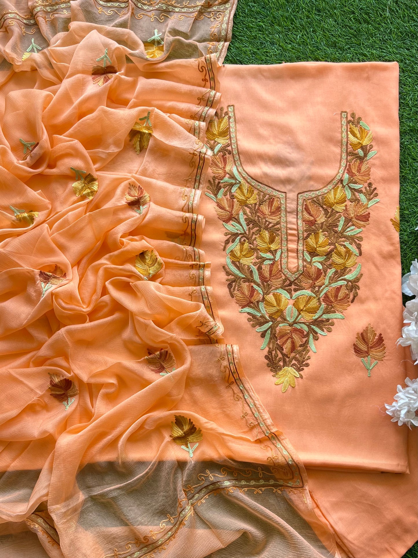 Peach Muslin Cotton Aari Embroidered 3pc set