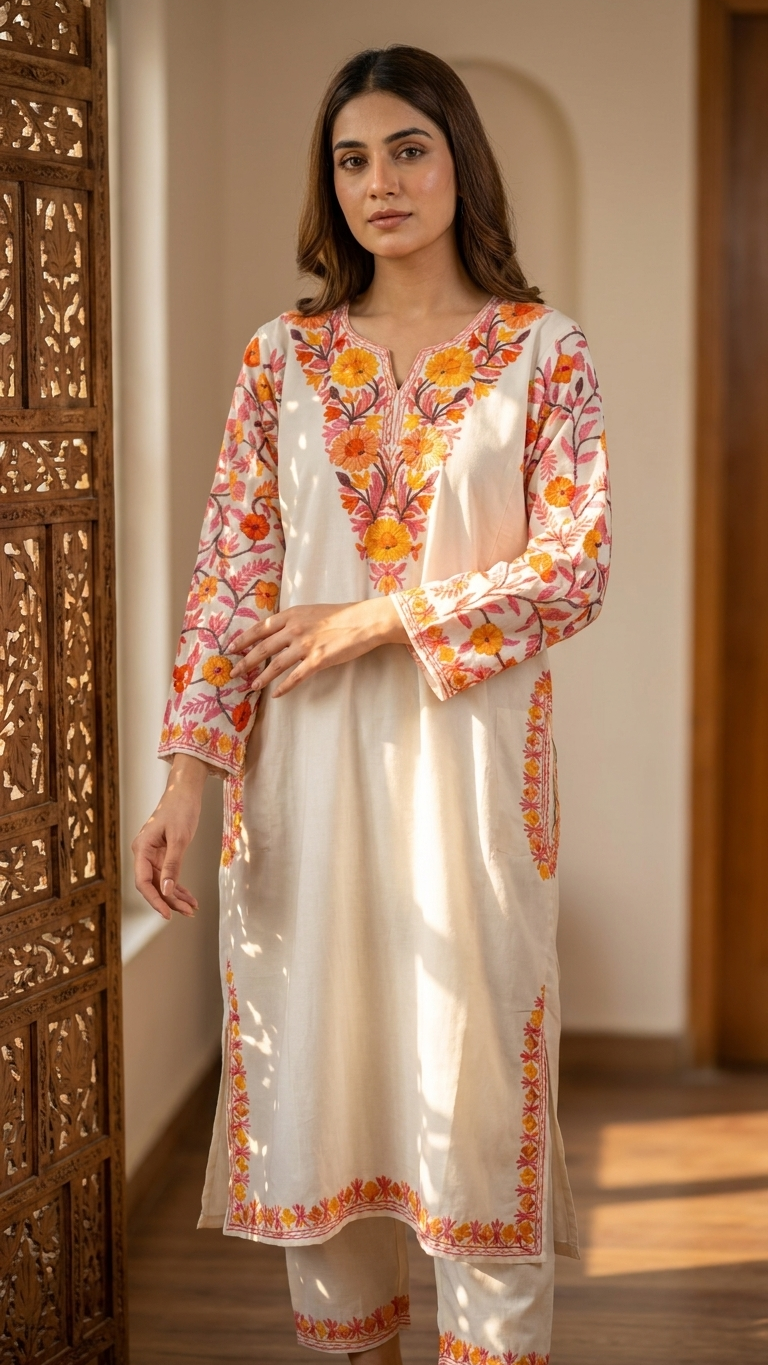 Off White Cotton Arm Jaal Pheran Set