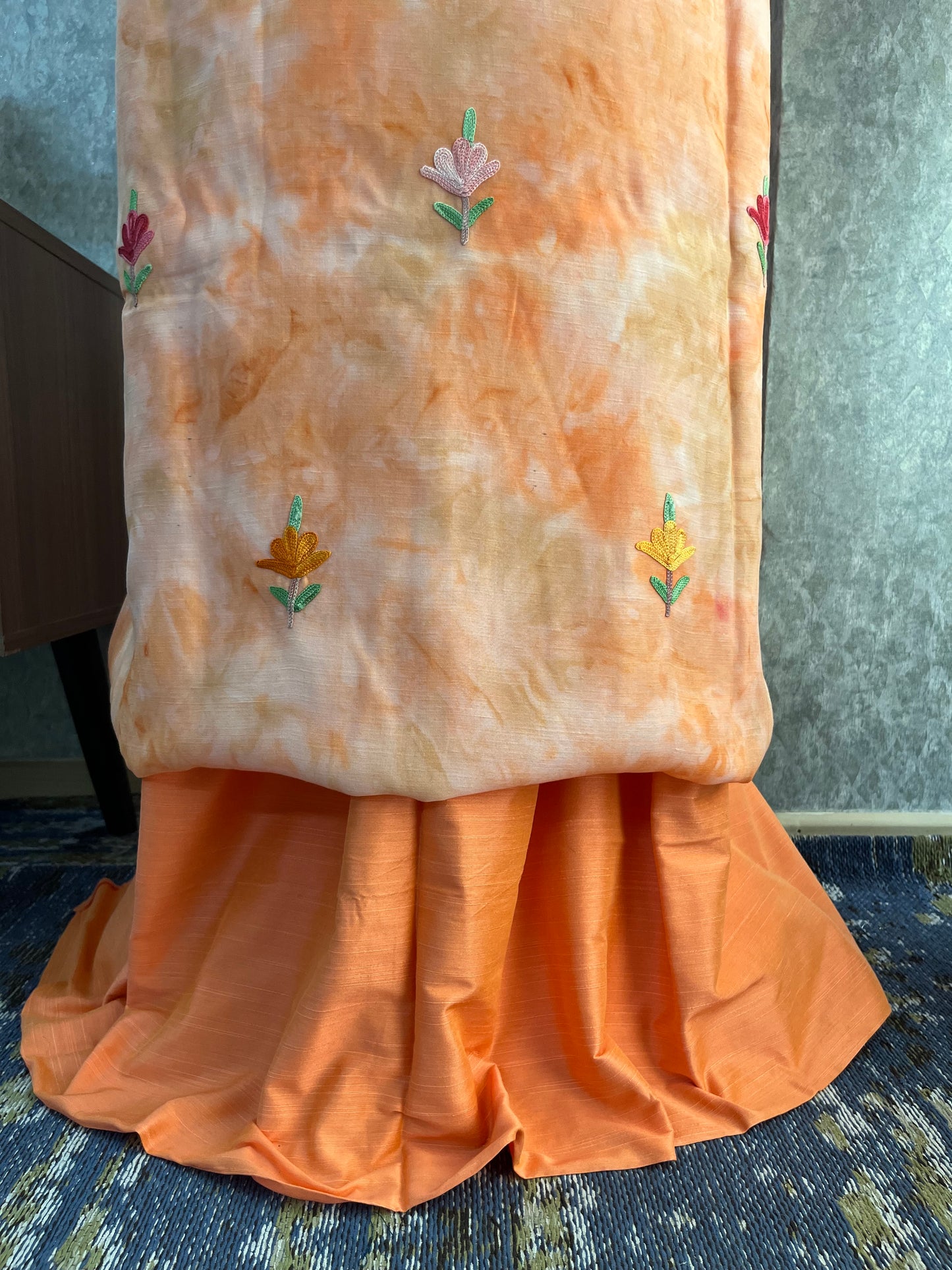 Tangerine Orange Self Work Satin Cotton Unstitched Co-ord Set