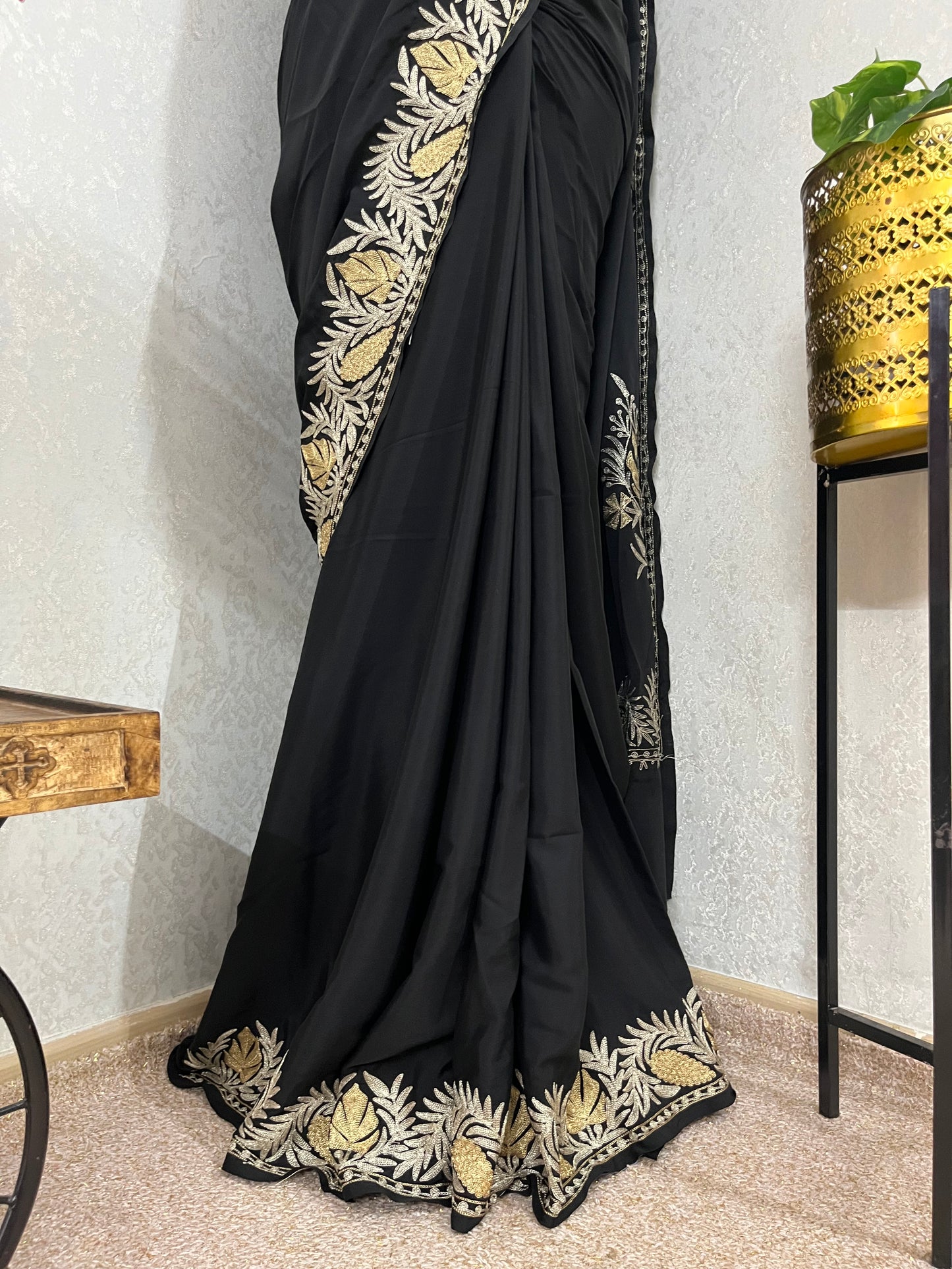 Black Crape Kashmiri Saree