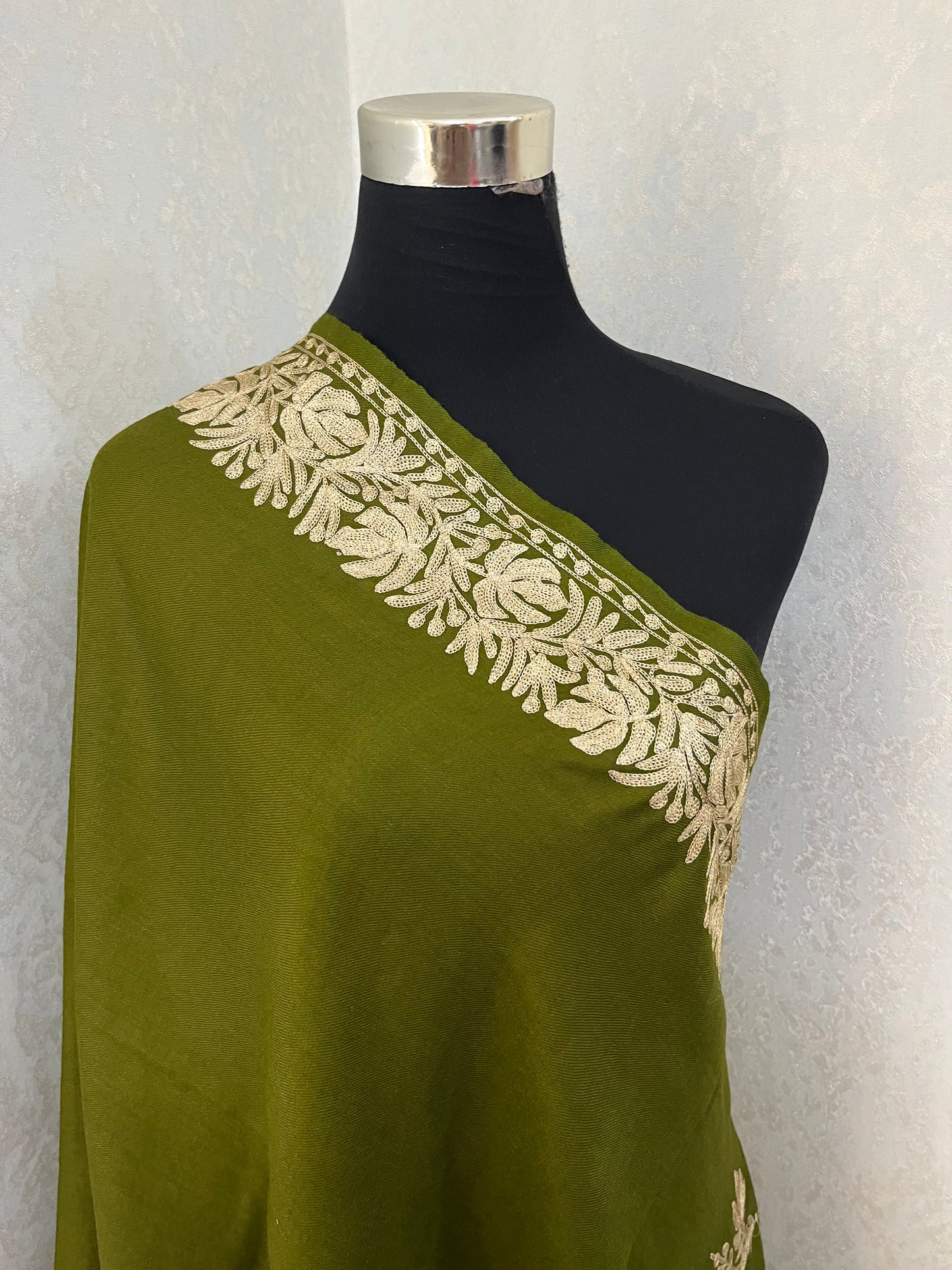 Army Green Semi Pashmina Tilla Embroidered stole