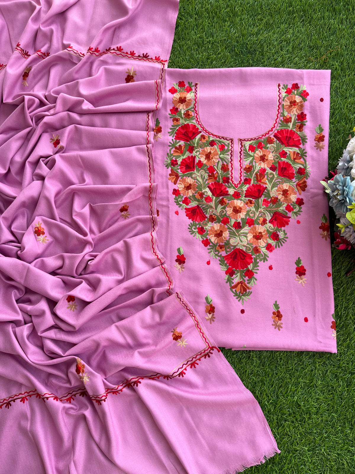 Playful Pink Woollen Aari Embroidered 3pc suit