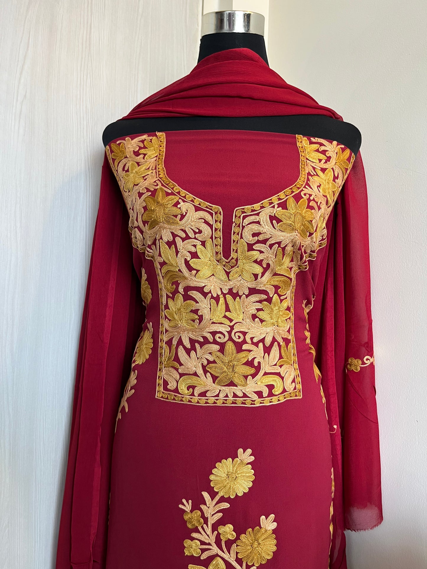 Maroon  Pure Georgette Tomato Red Aari Embroidered Suit