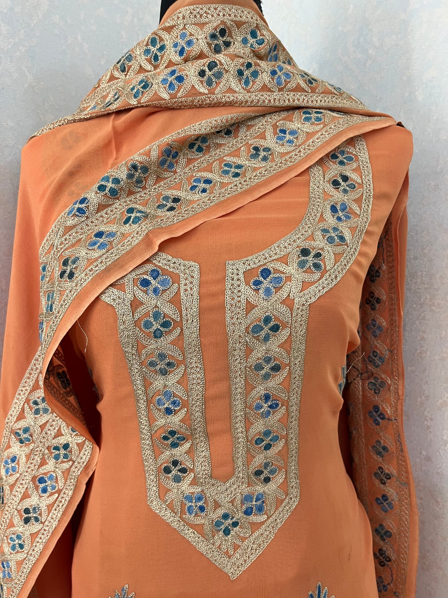 Peach Pure Georgette 3Pc Kashmiri Embroidered Suit