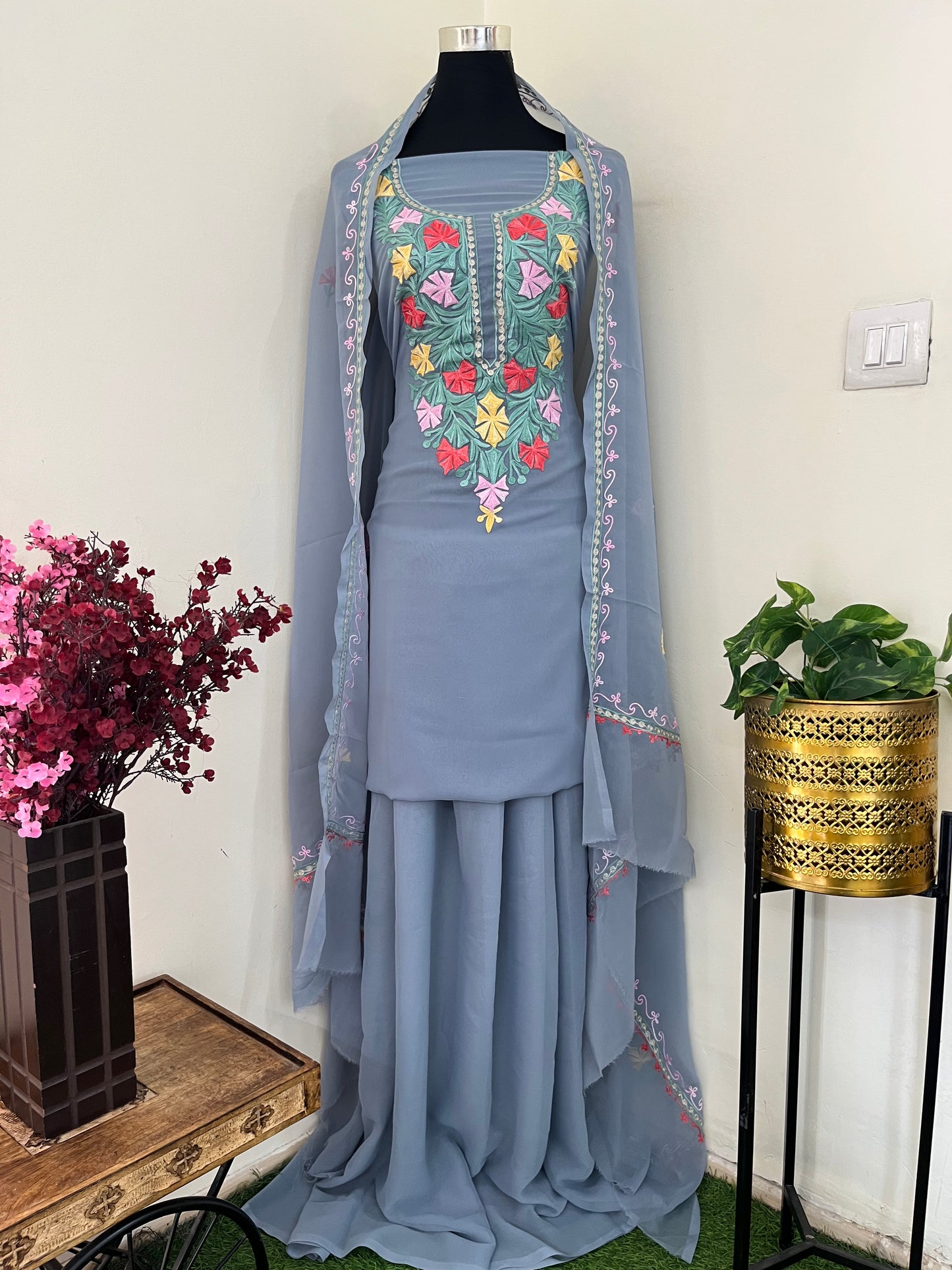 Steel Grey Georgette 3 Pc Aari Embroidered Suit Set