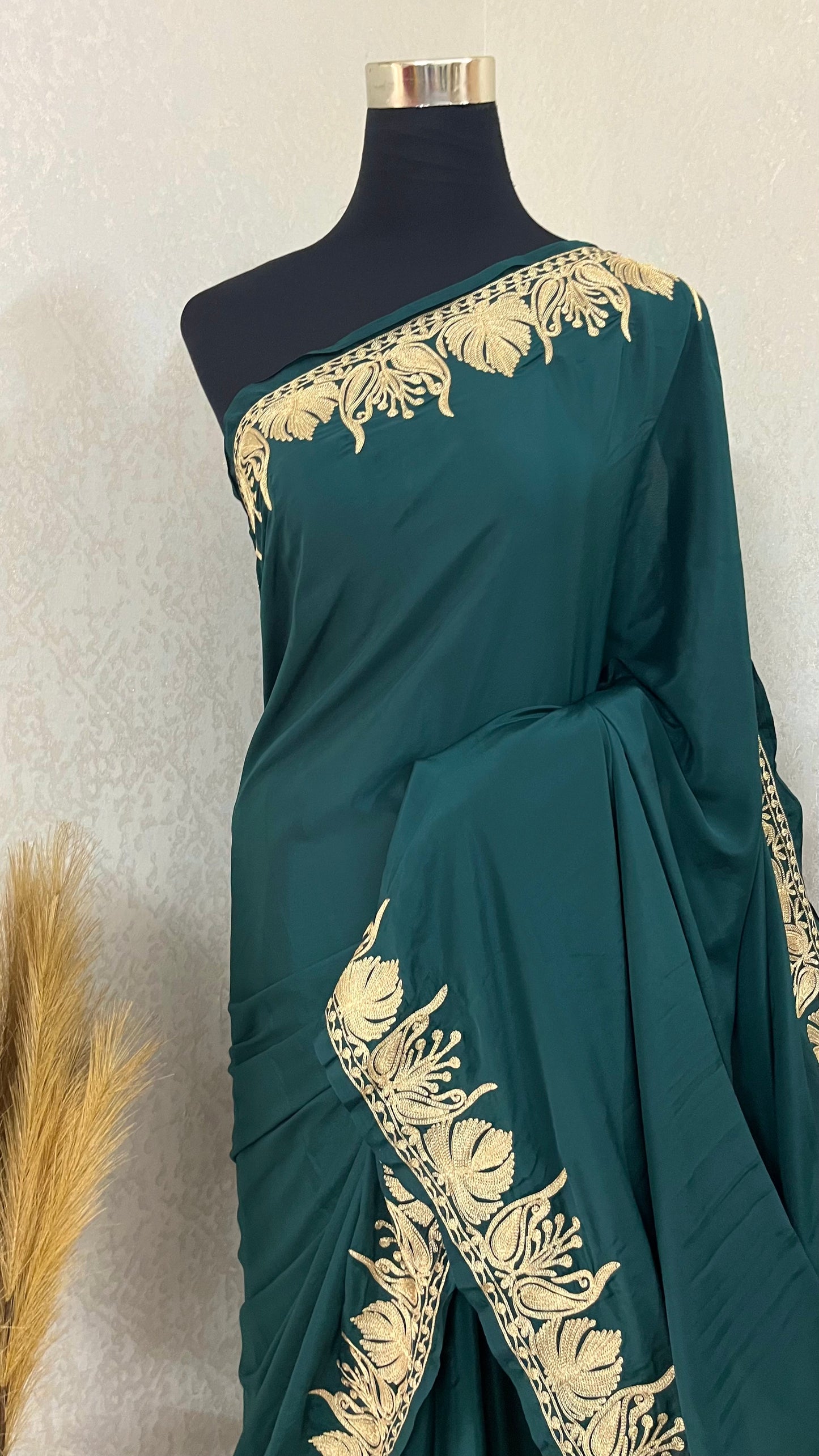 Green Crape Kashmiri Tilla Saree