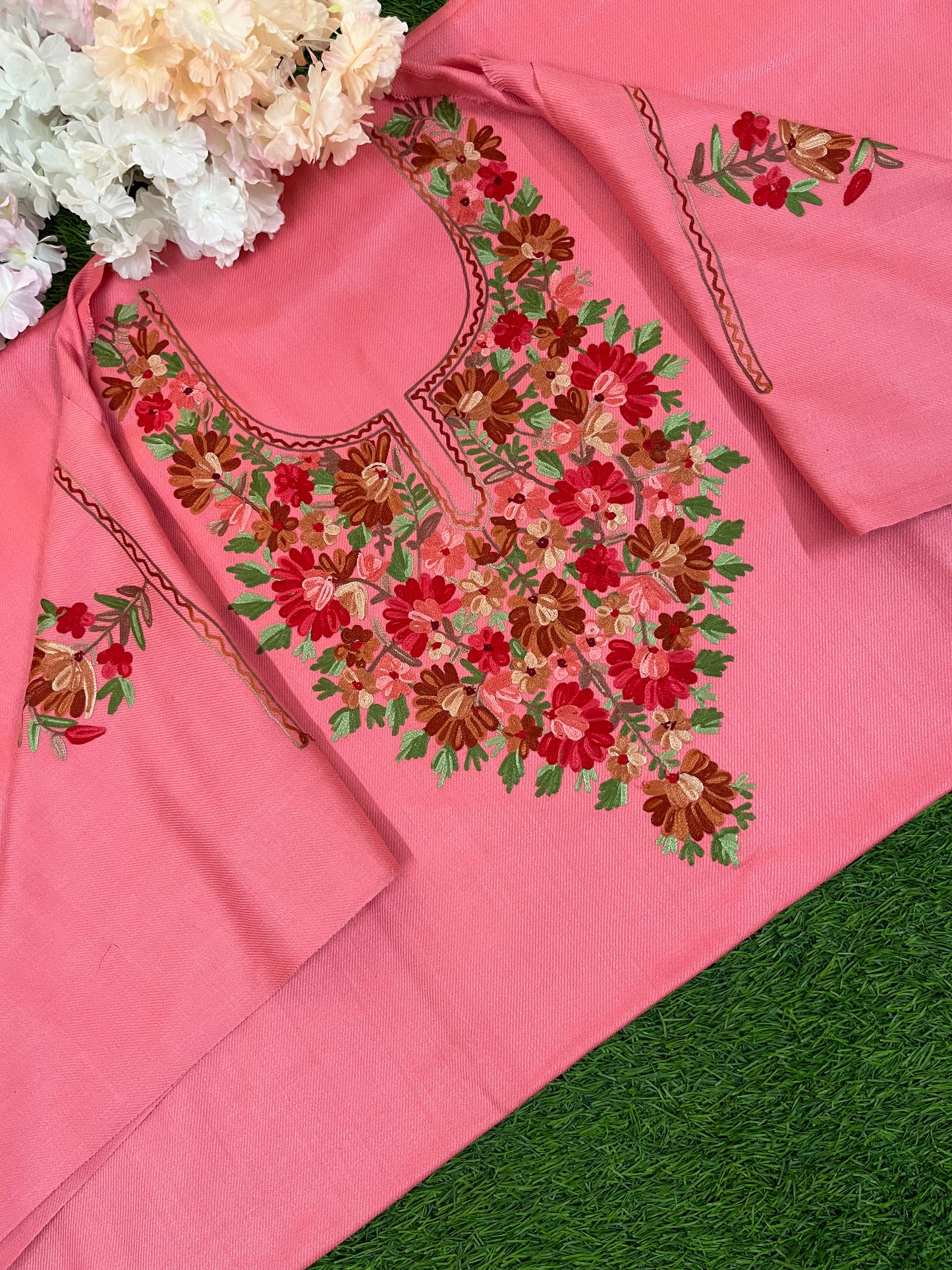 Pink Woollen Aari Embroidered 2pc suit 5mtr