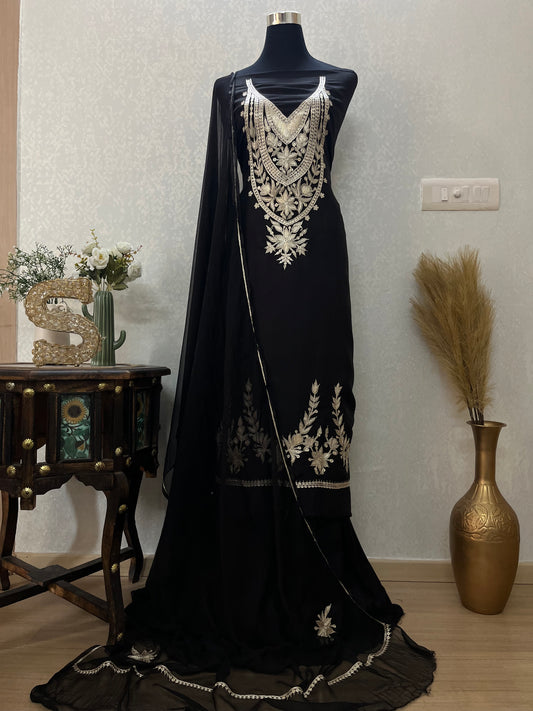 Black Silk Puff Tilla Embroidered Kashmiri Suit