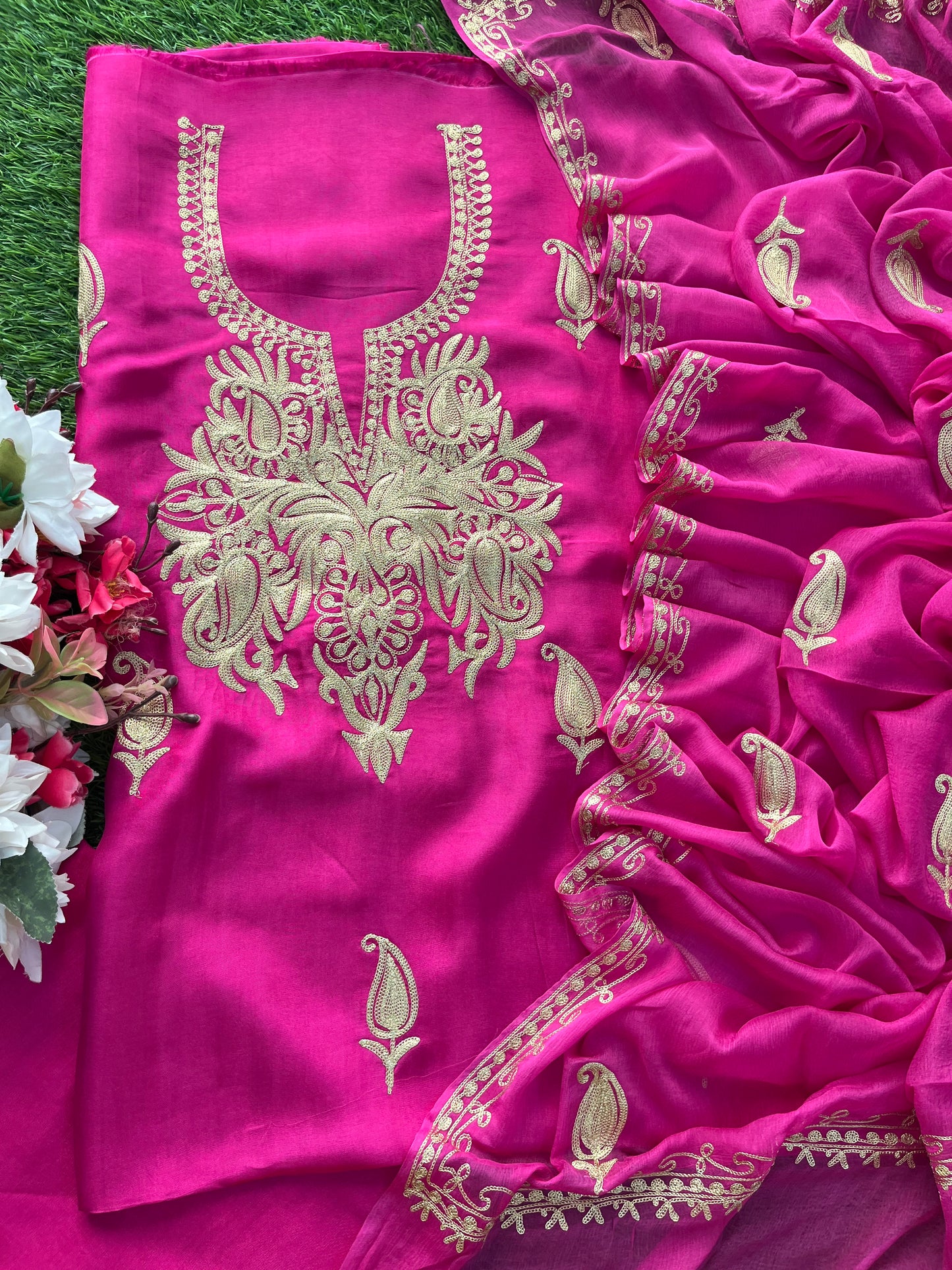 Hot Pink Silk Tilla Kashmiri Suit