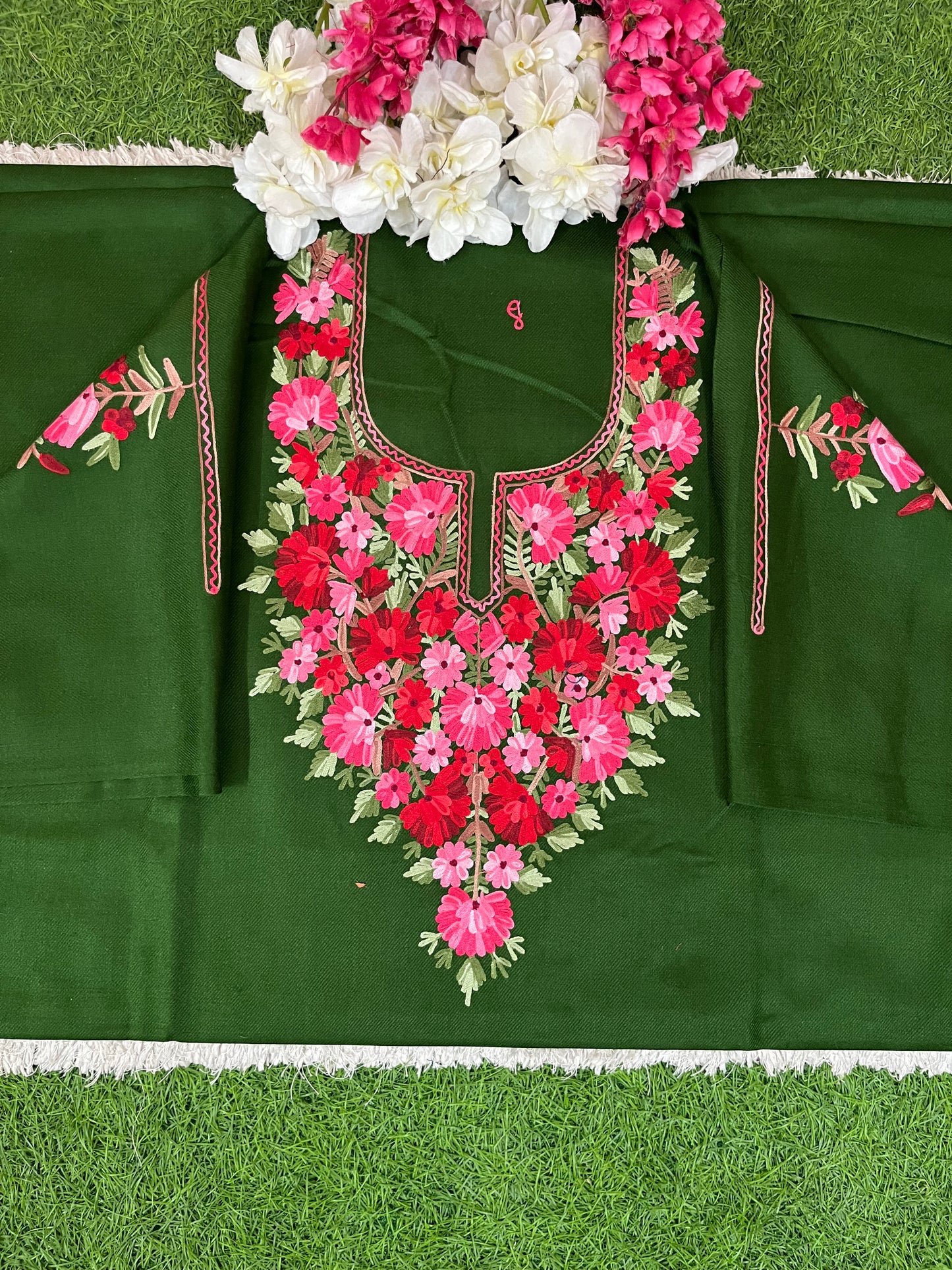 Henna Green Woollen Aari Embroidered 2pc suit 5mtr