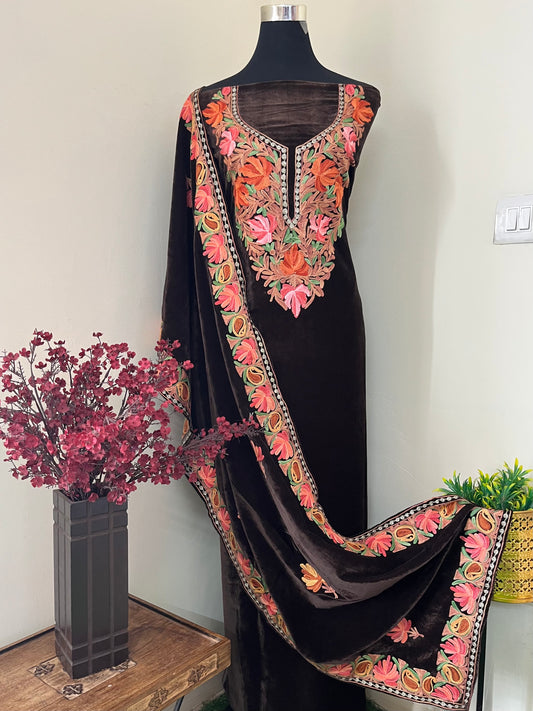 Coffee Brown Aari Embroidered Velvet 2pc Suit Materia