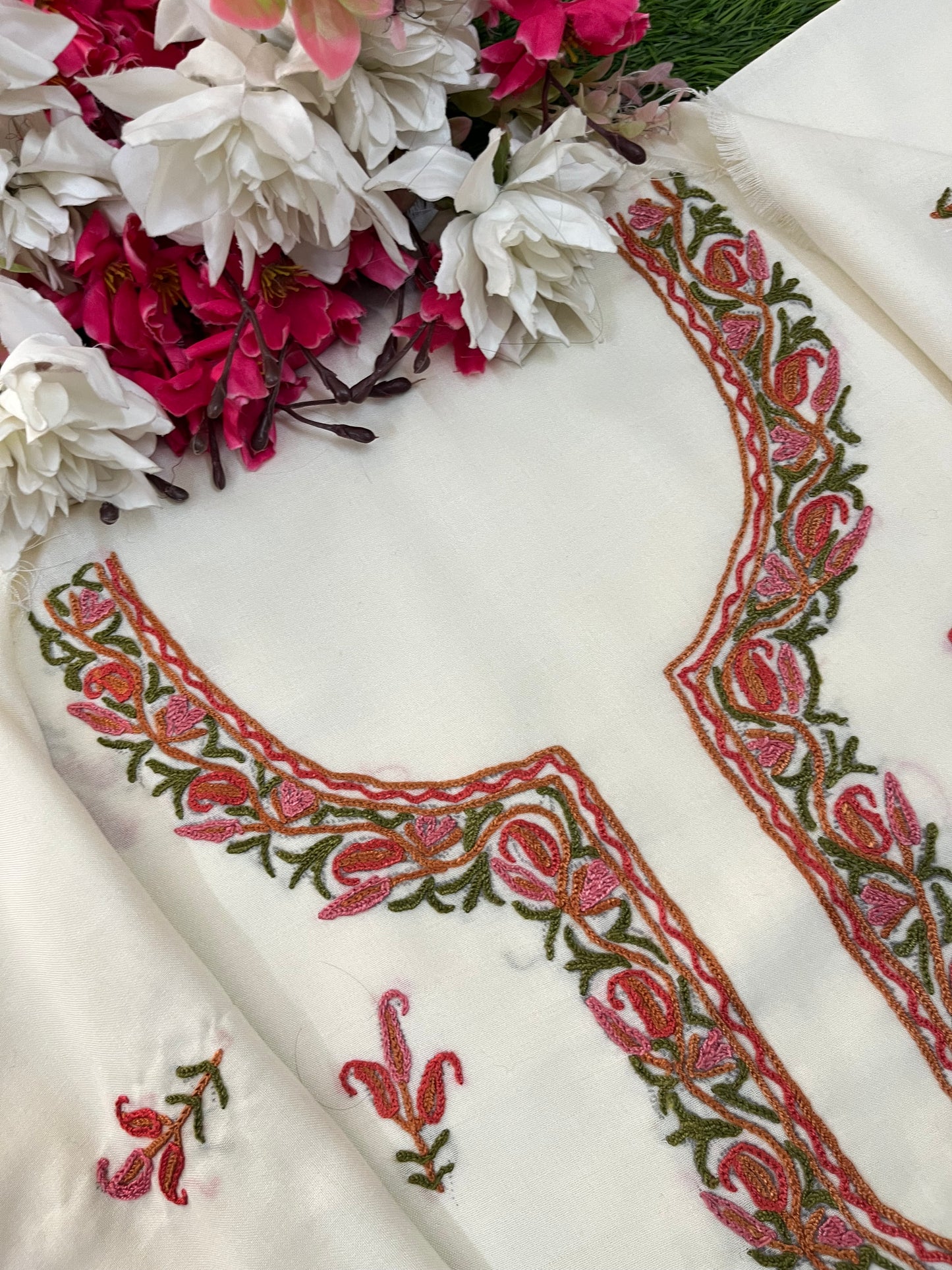 Off White Cotton Two Piece Suit (Hand Embroidered)