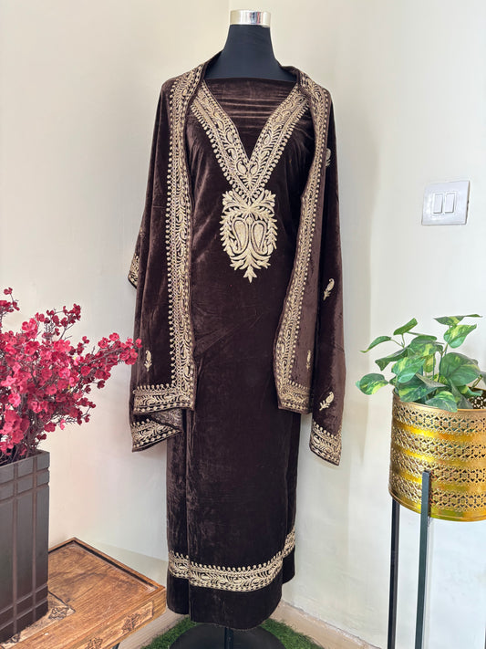 Coffee Brown Tilla Embroidered Velvet 2pc Suit Material