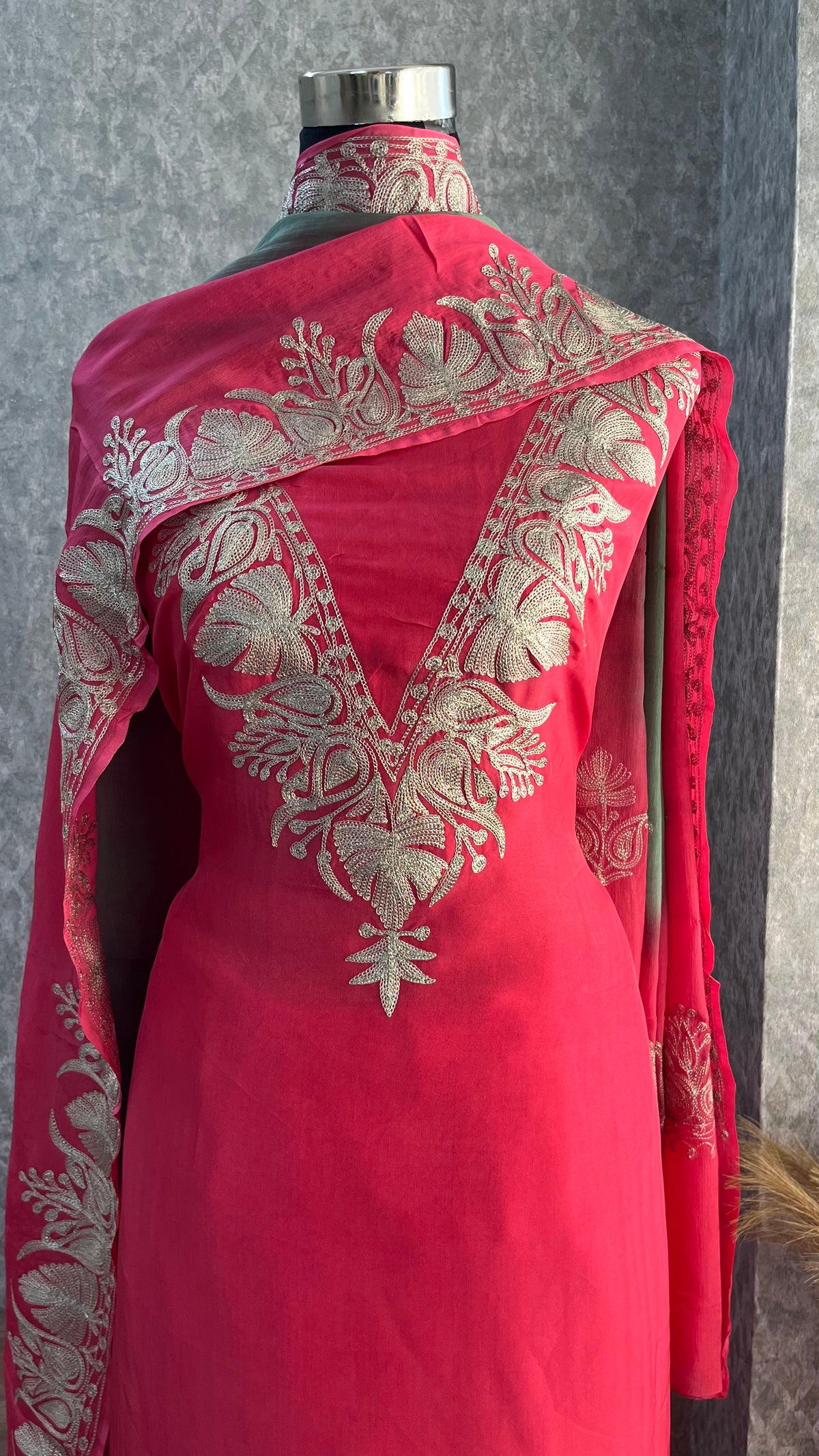 Carrot Pink Sanam Silk Kashmiri Suit