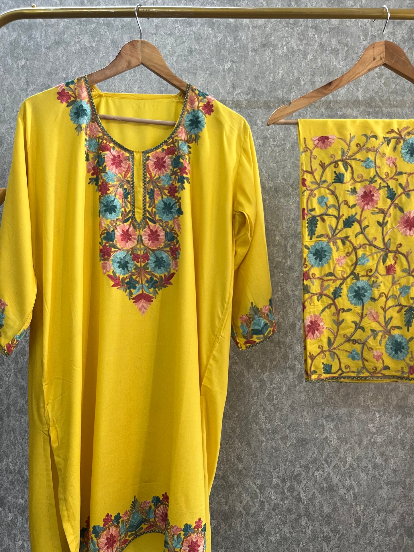 Yellow Cotton Stitched Co-ord Set(44)