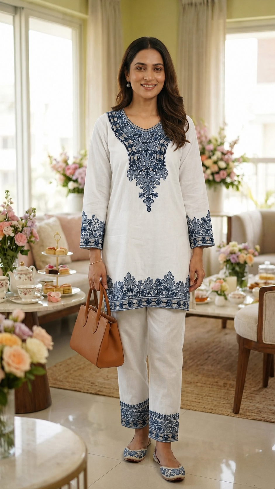 Off White Cotton Stitched Co-ord Set( 42)