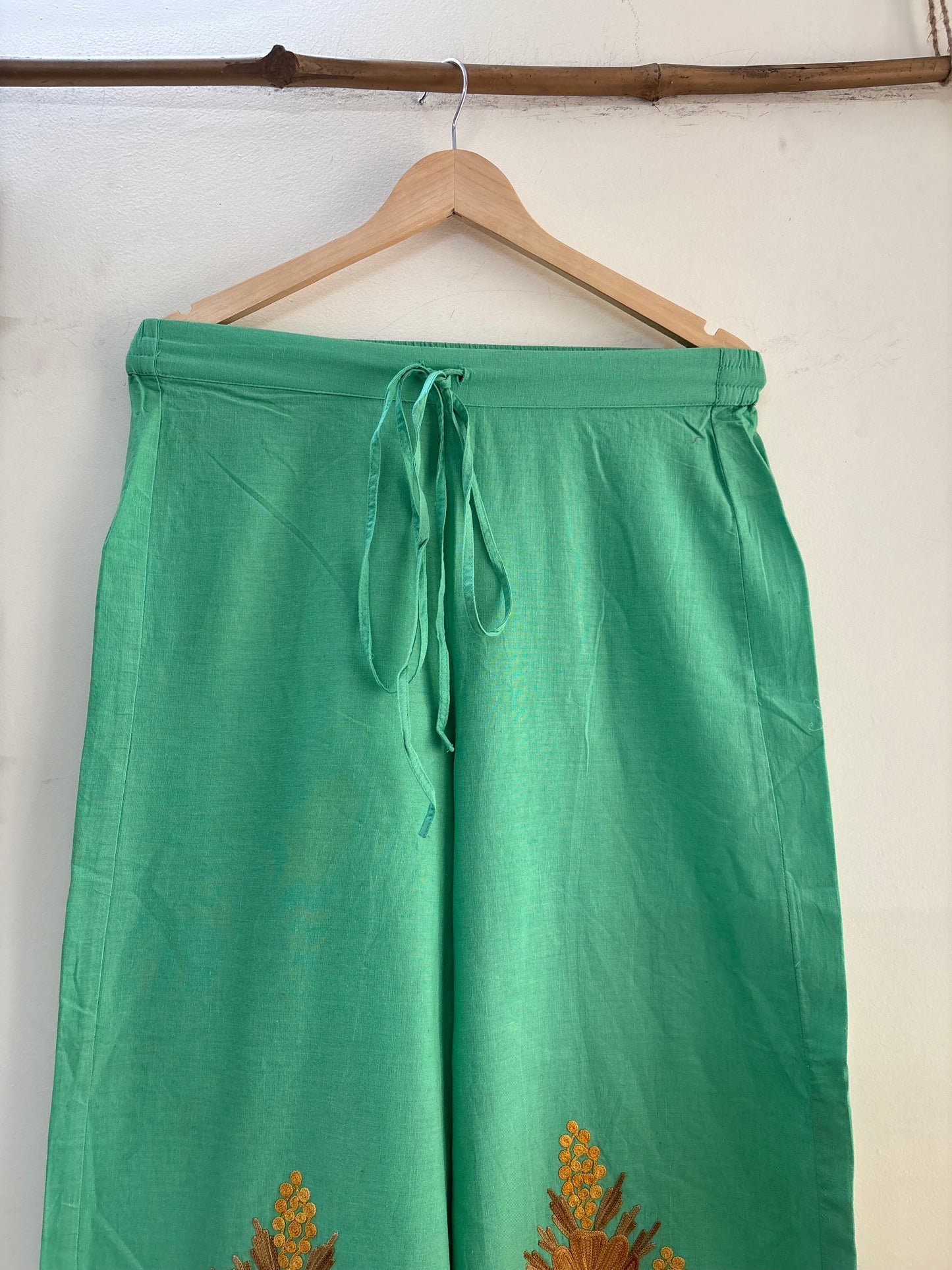 Women Green Solid Cropped Wide Leg Aari Embroidered Palazzos ‘M’