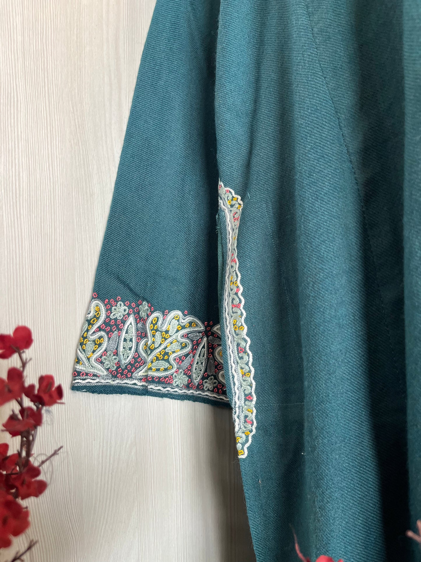 English Blue Aari and Sozni Hand Embroidered Pure Wool Pheran