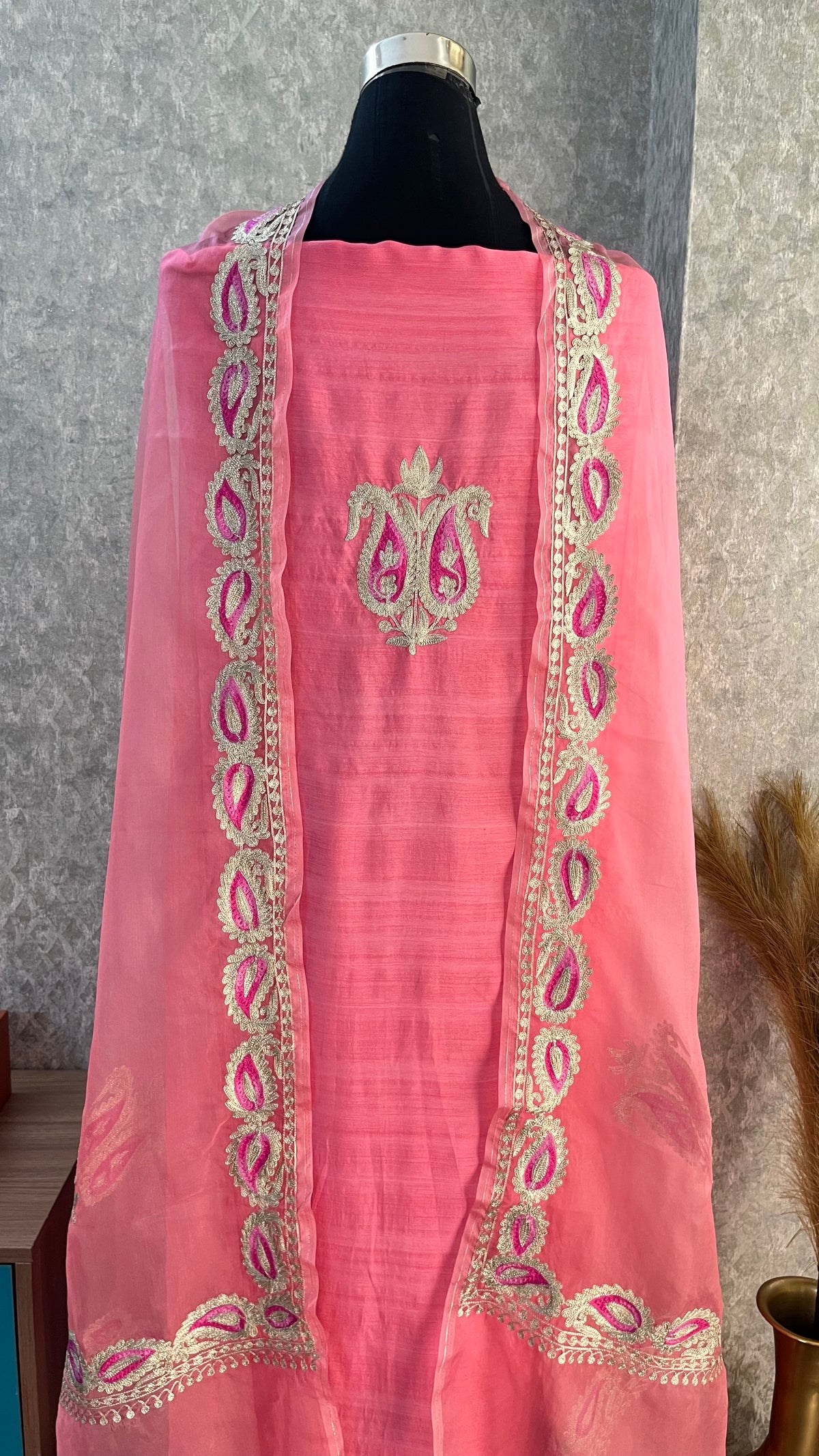 Bubbly Pink Russian Silk Kashmiri Suit