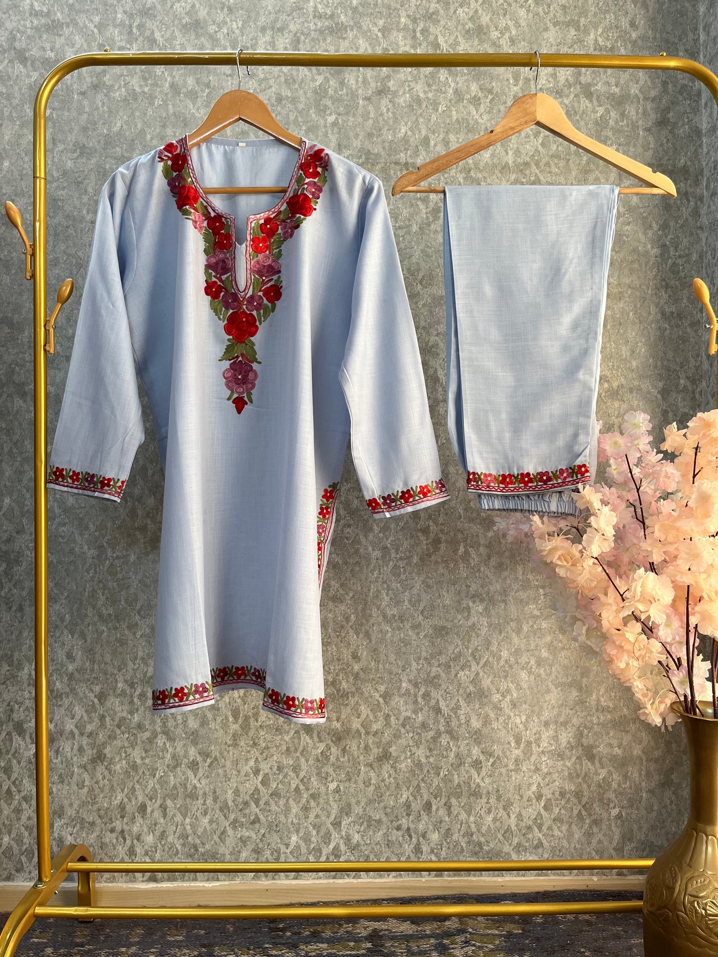 Ice Blue Cotton Stitched Co-ord Set (42)