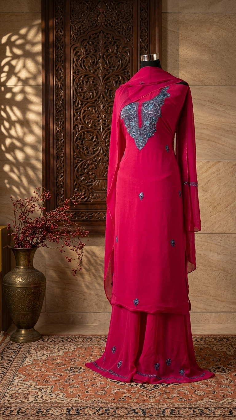 Hot Pink Kalaa’ Crape Sozni Kashmiri Suit