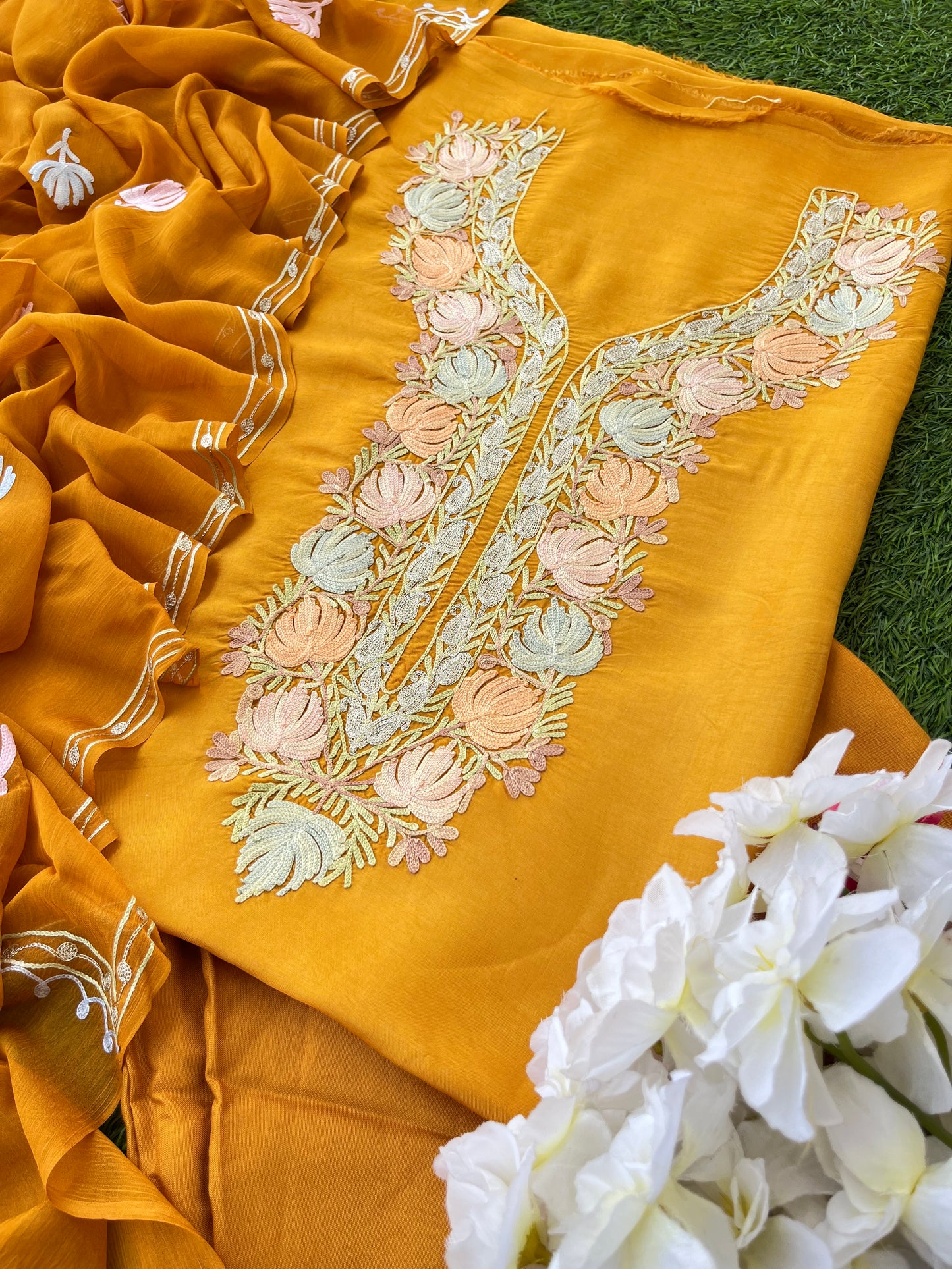 Mustard Opada Silk Aari Embroidered Suit material