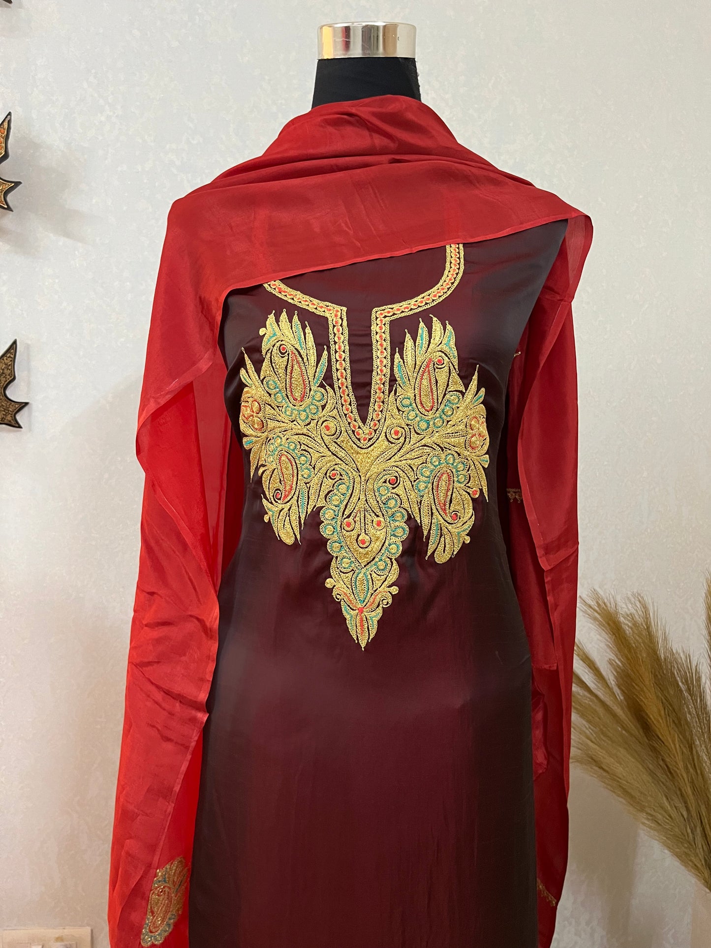 Maroon Silk Puff Tilla Embroidered Suit