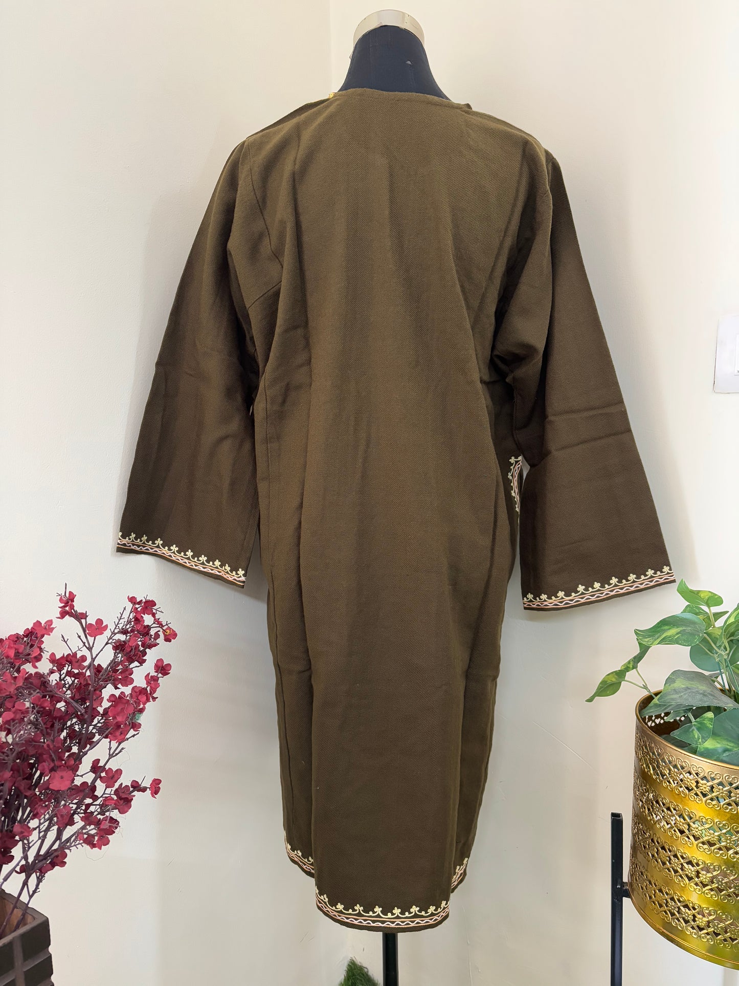 Army Green Aari Embroidered Wool Pheran