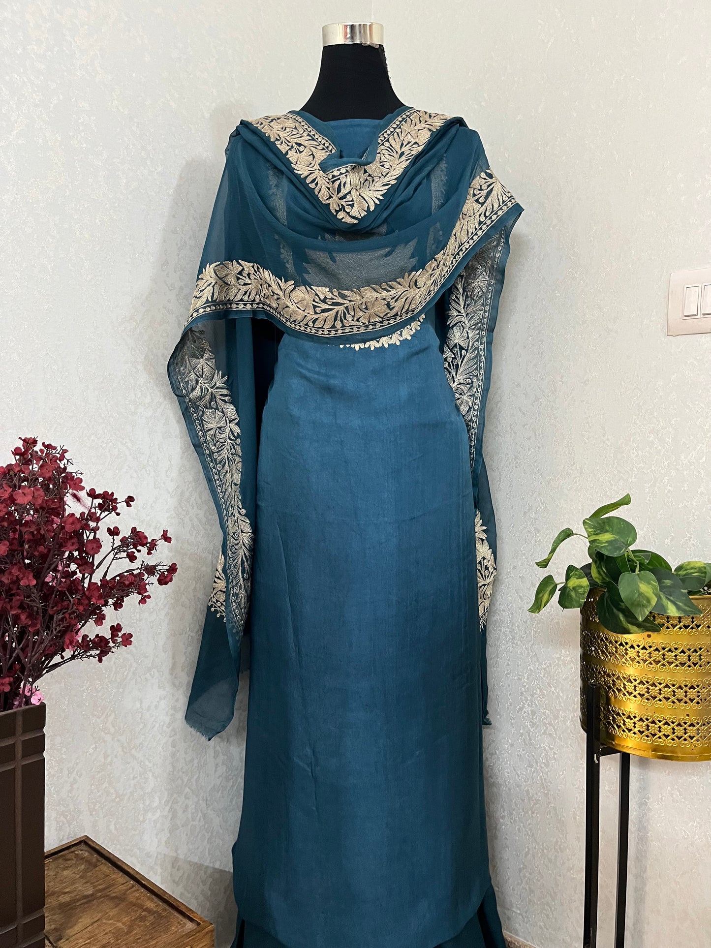 Teal Blue  Sanam’ Tilla Kashmiri Silk Suit