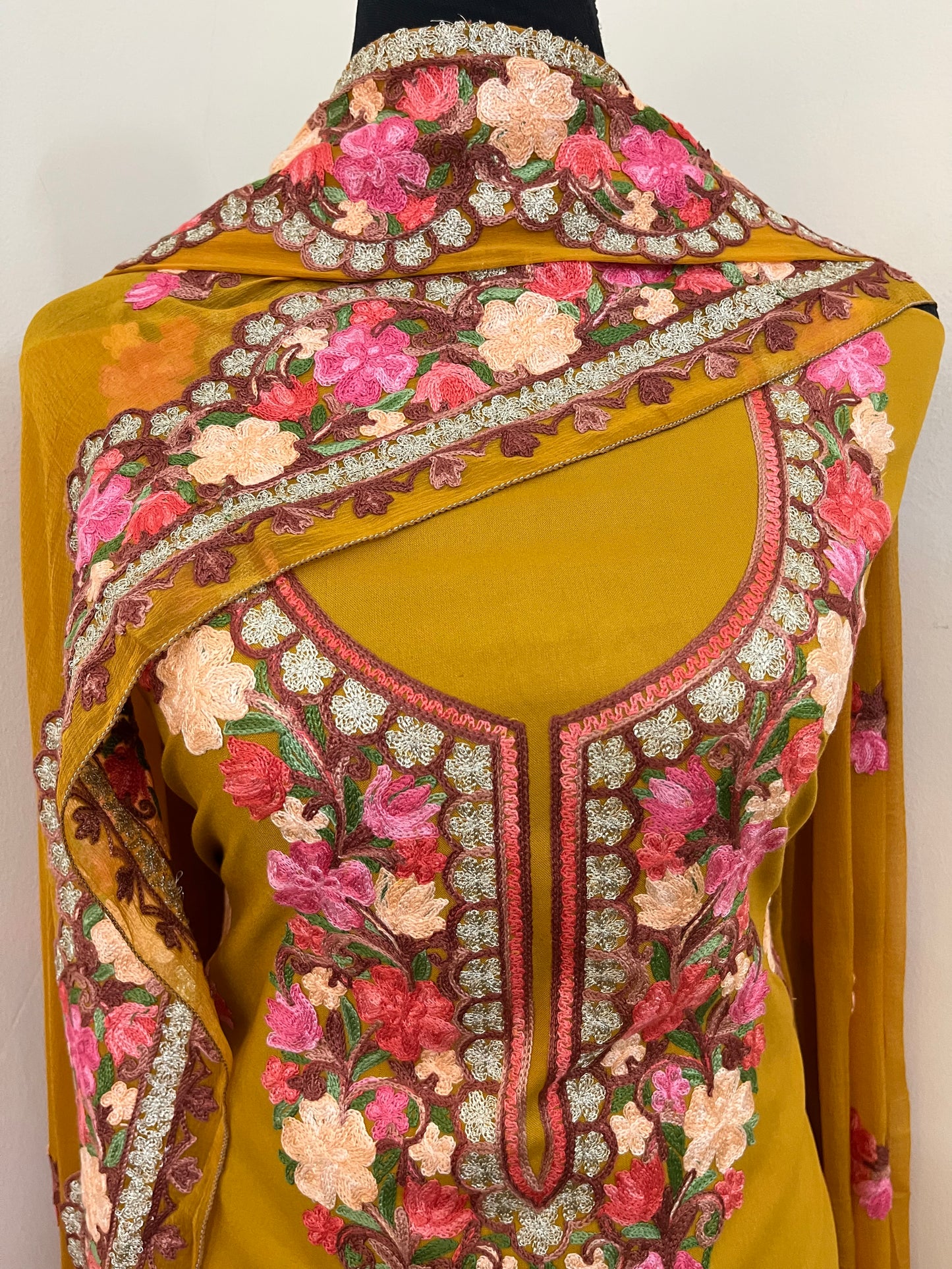 Mustard Yellow Rayon Cotton Kashmiri 3pc set