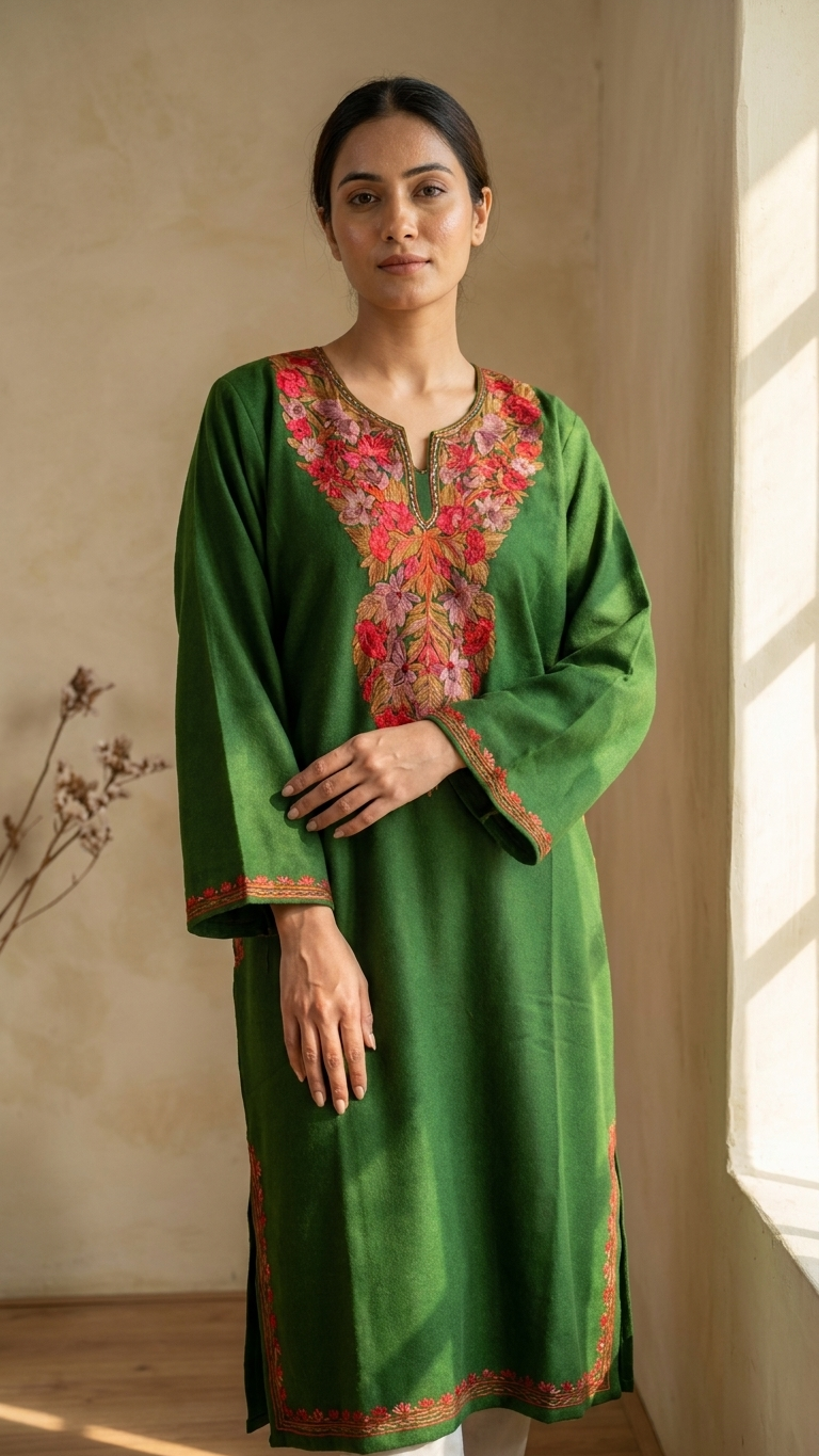 Henna Green Aari Embroidered Wool Pheran