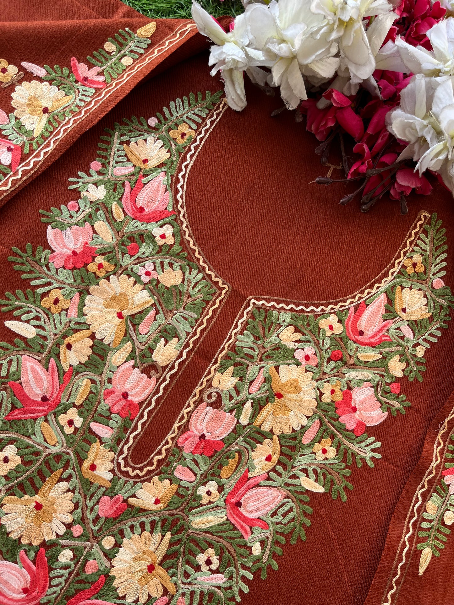 Rust Orange Woollen Aari Embroidered 2pc suit 5mtr