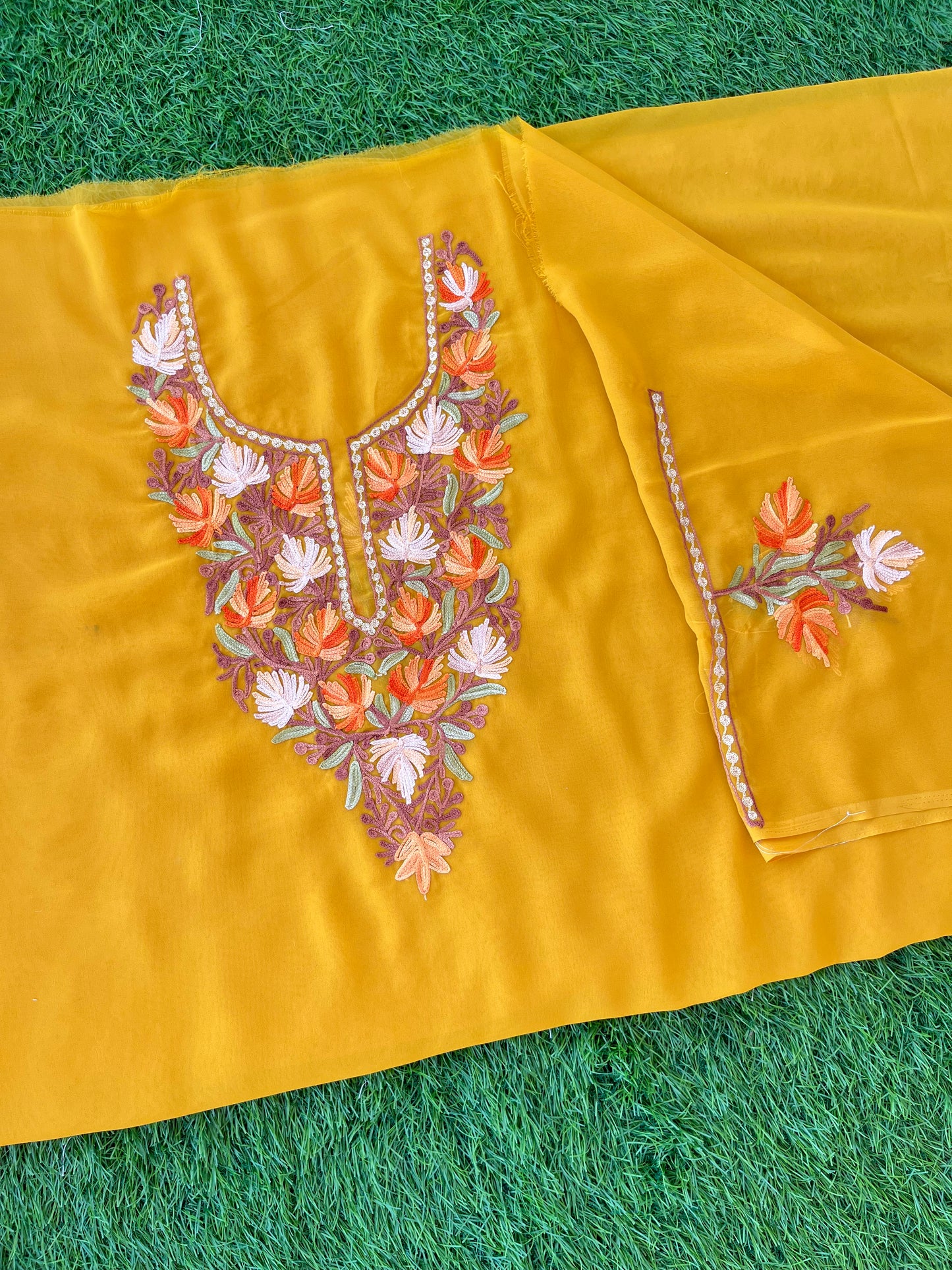 Mustard Georgette Aari Embroidered Unstitched Kurta Material