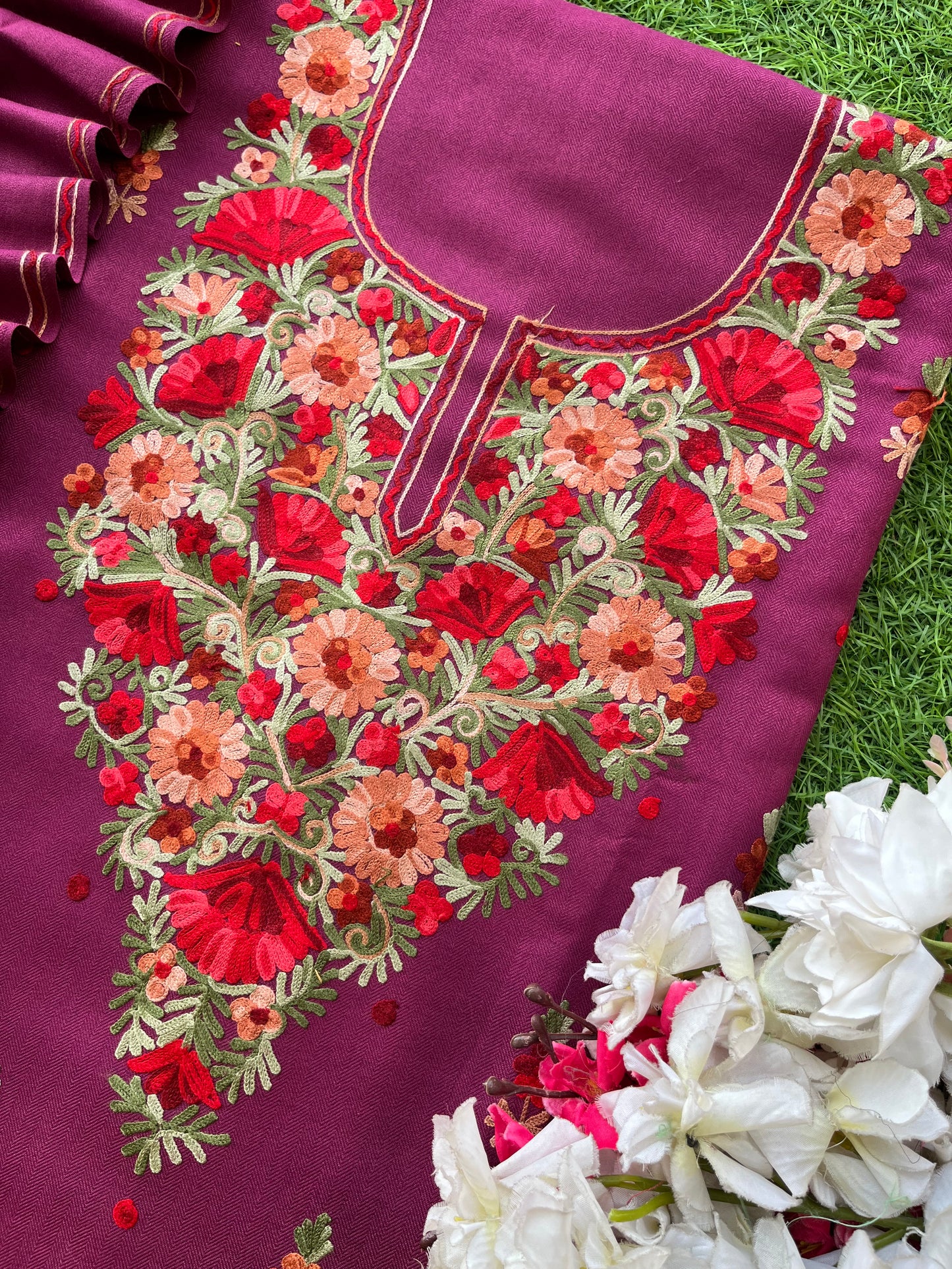Wine Woollen Aari Embroidered 3pc suit