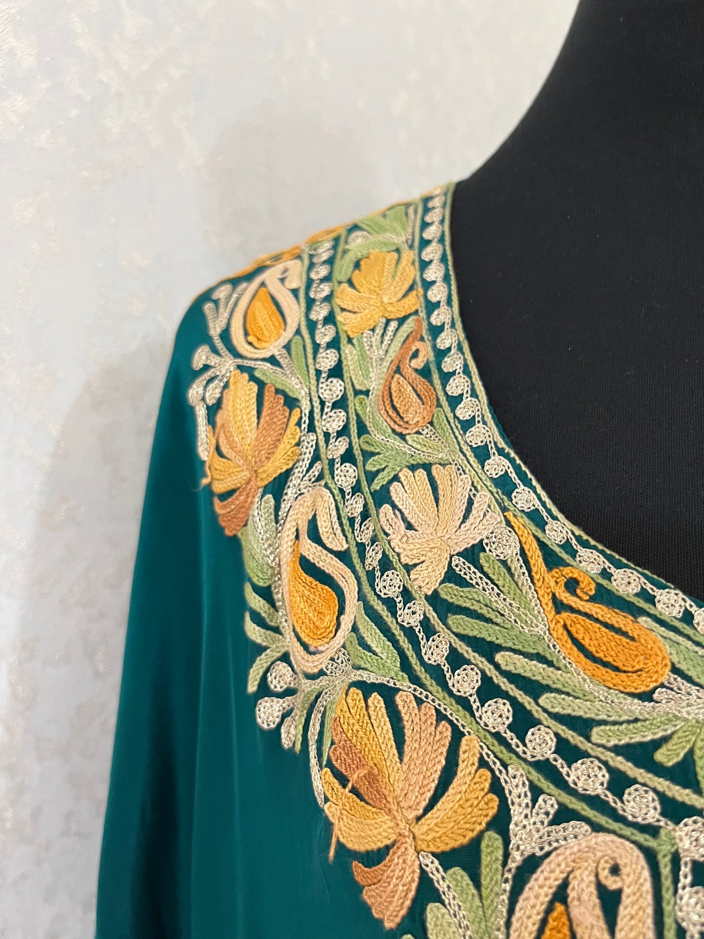 Green Pure Crape Kashmiri Kaftan