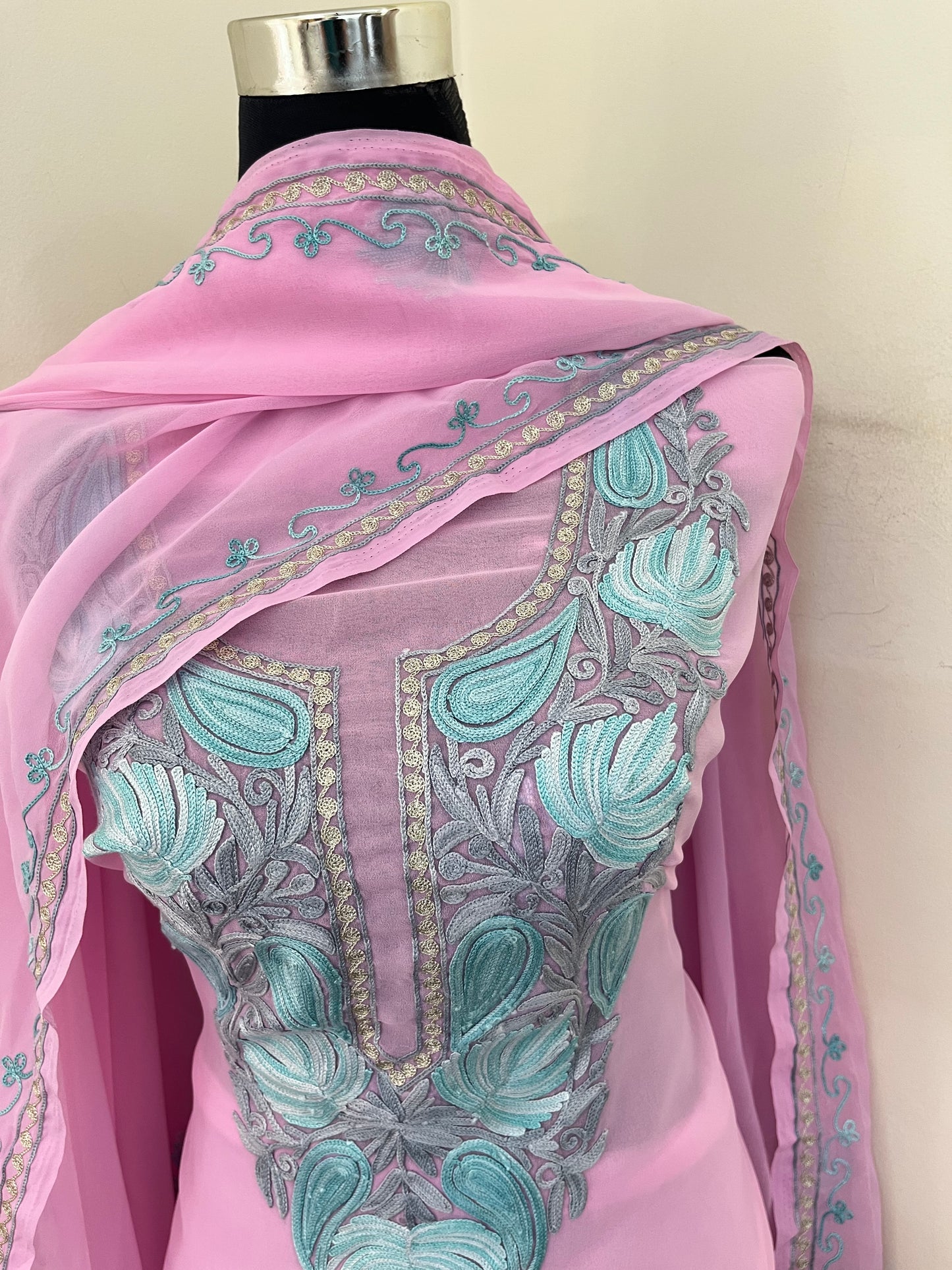 Soft Pink Georgette 3 Pc Aari Embroidered Suit Set