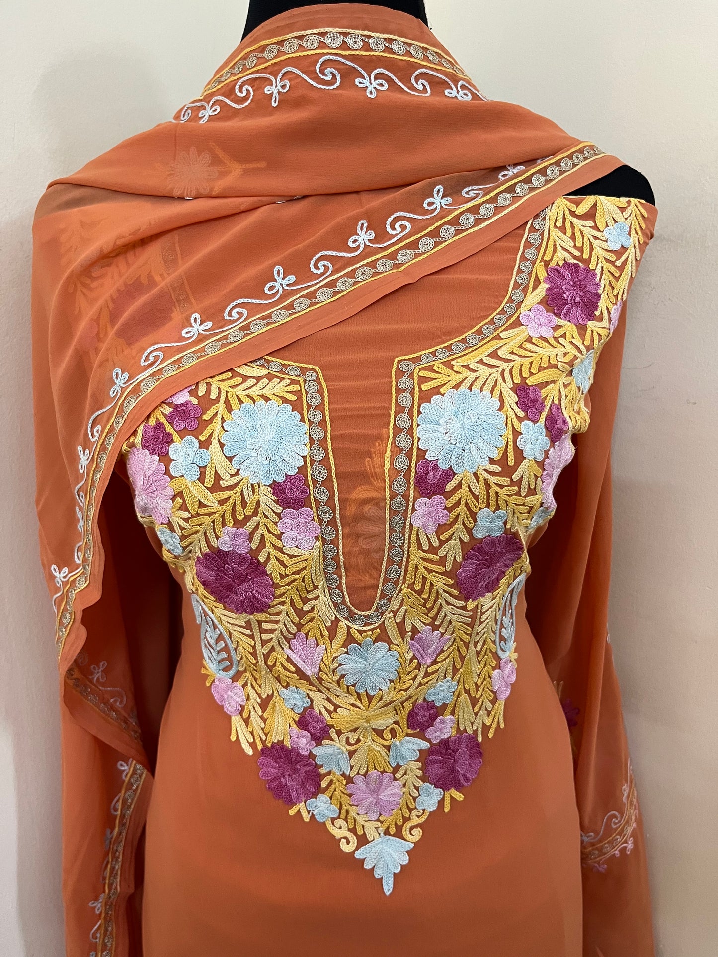 Soft Orange Georgette 3 Pc Aari Embroidered Suit Set