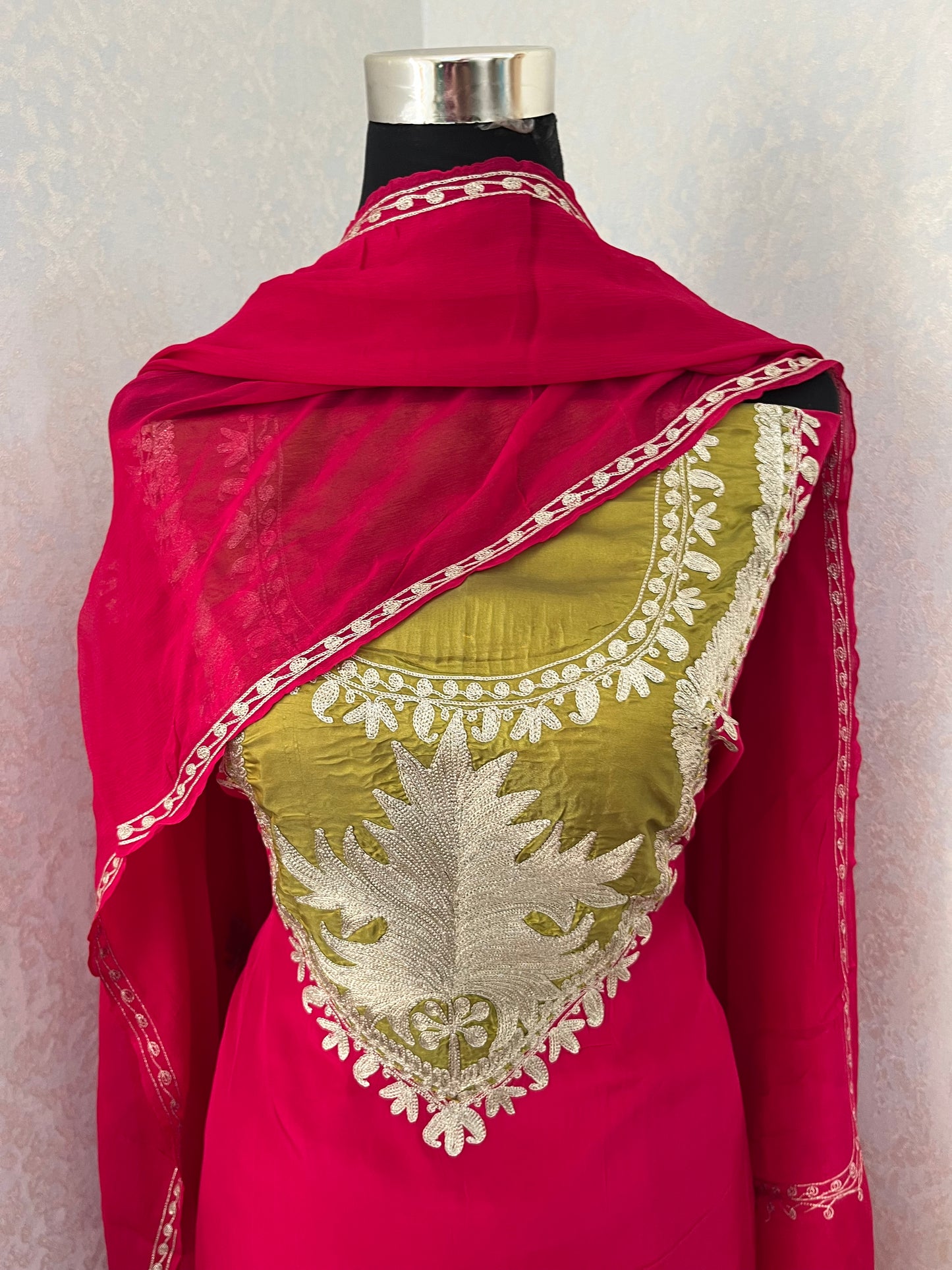Fuchsia Pink Crape Kashmiri Suit with Clutch
