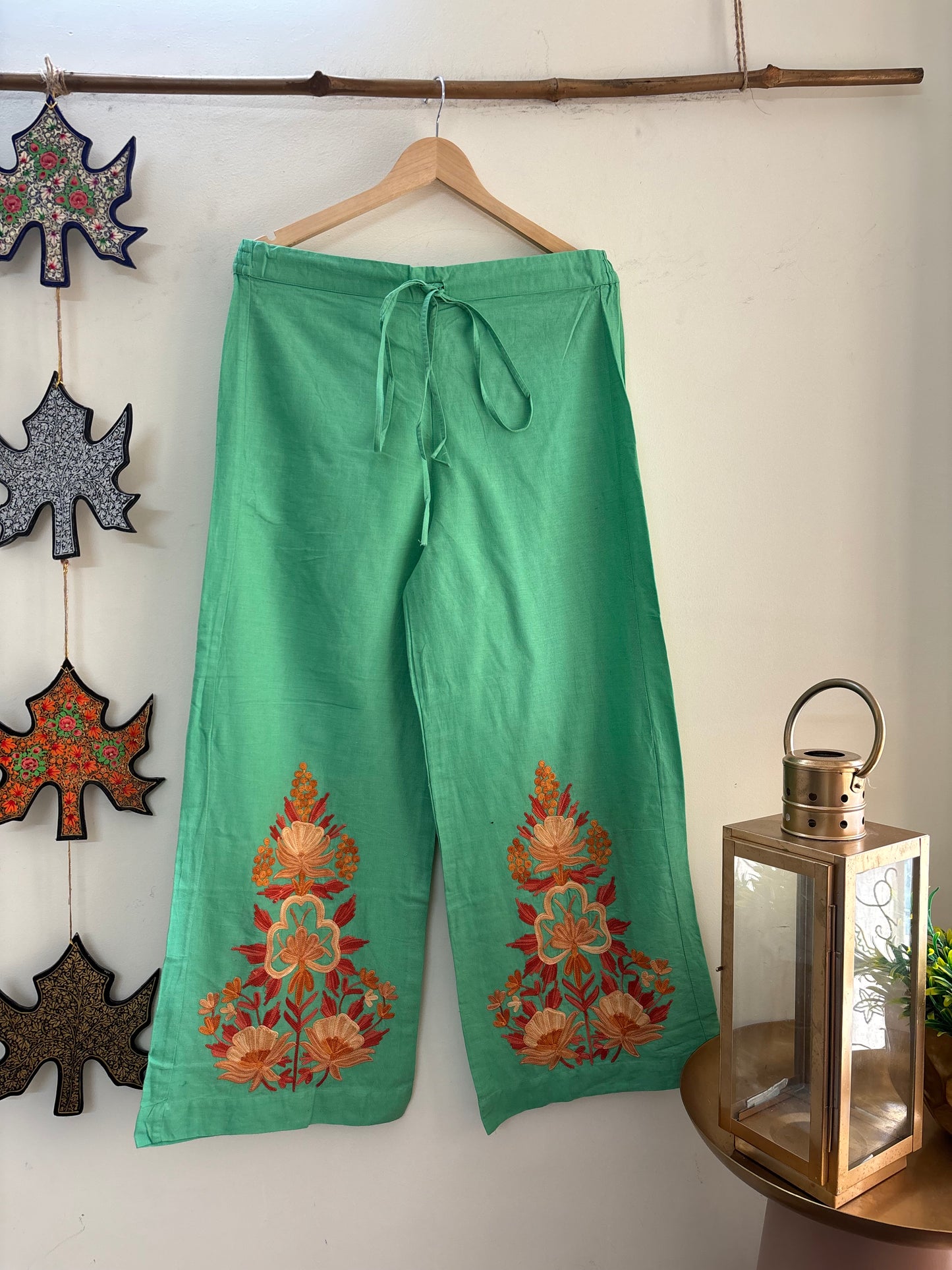Women Green Solid Cropped Wide Leg Aari Embroidered Palazzos ‘L’