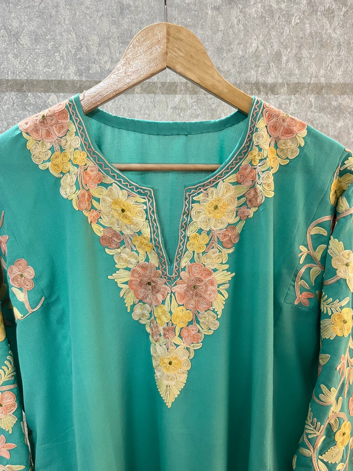 Jade Green Cotton Aari Work Pheran