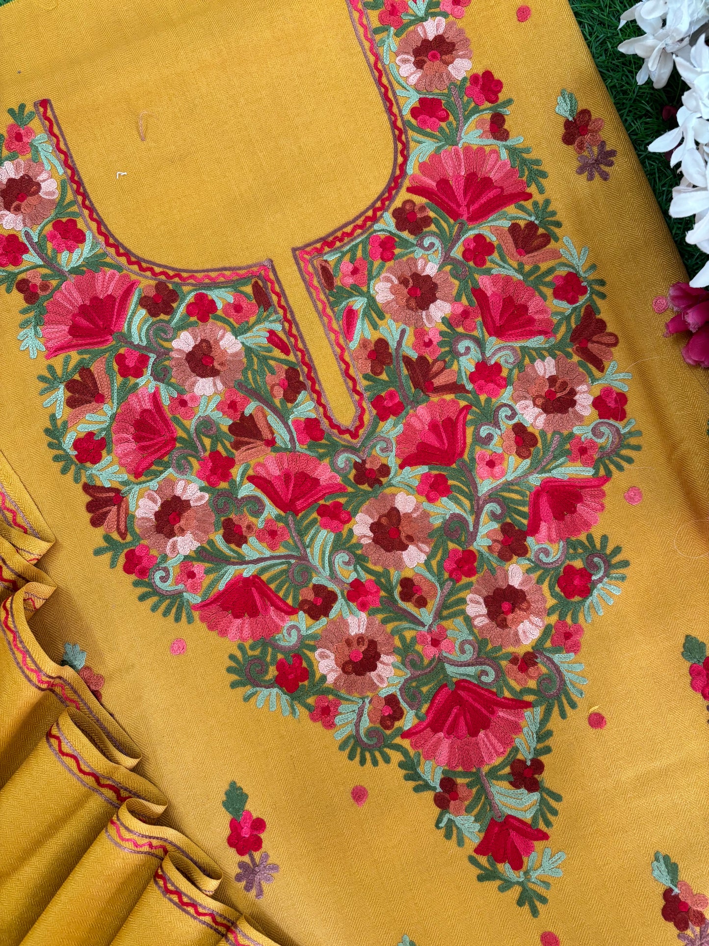 Golden Yellow Woollen Aari Embroidered 3pc suit