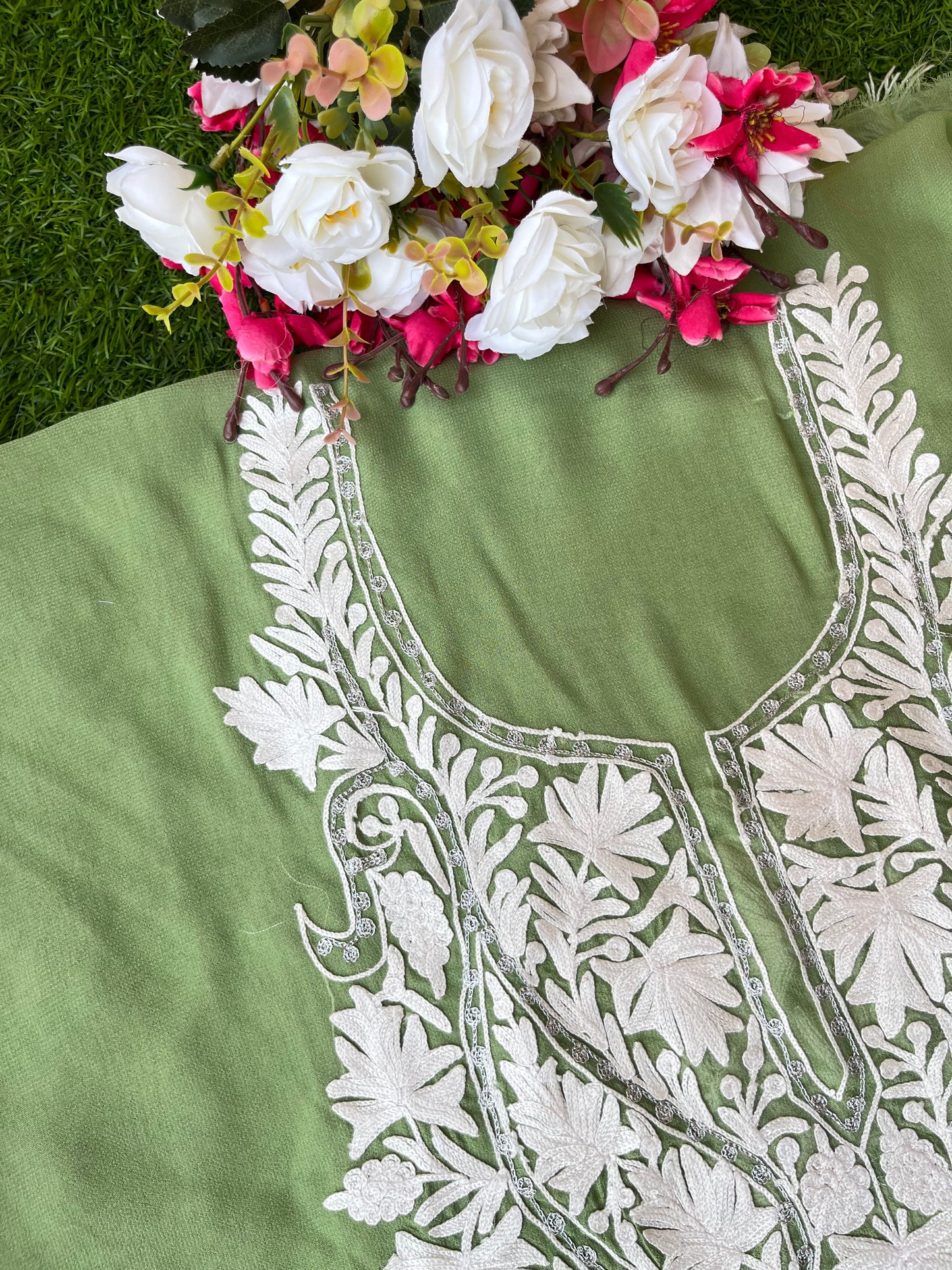 Lawn Green Georgette Kashmiri Kurta Material