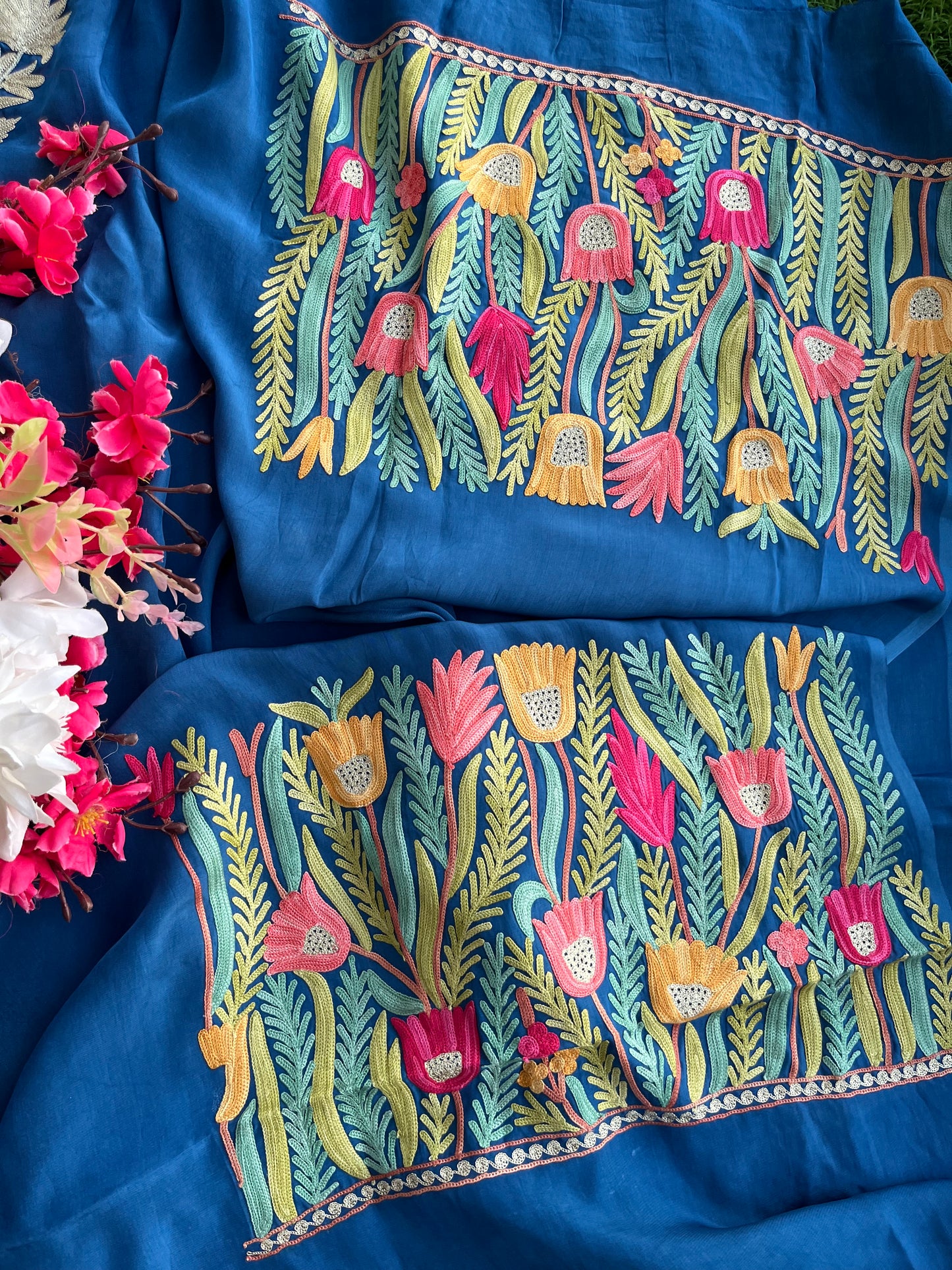 Blue Kalaa’ Crape Kashmiri Suit (Aari Sleeves)