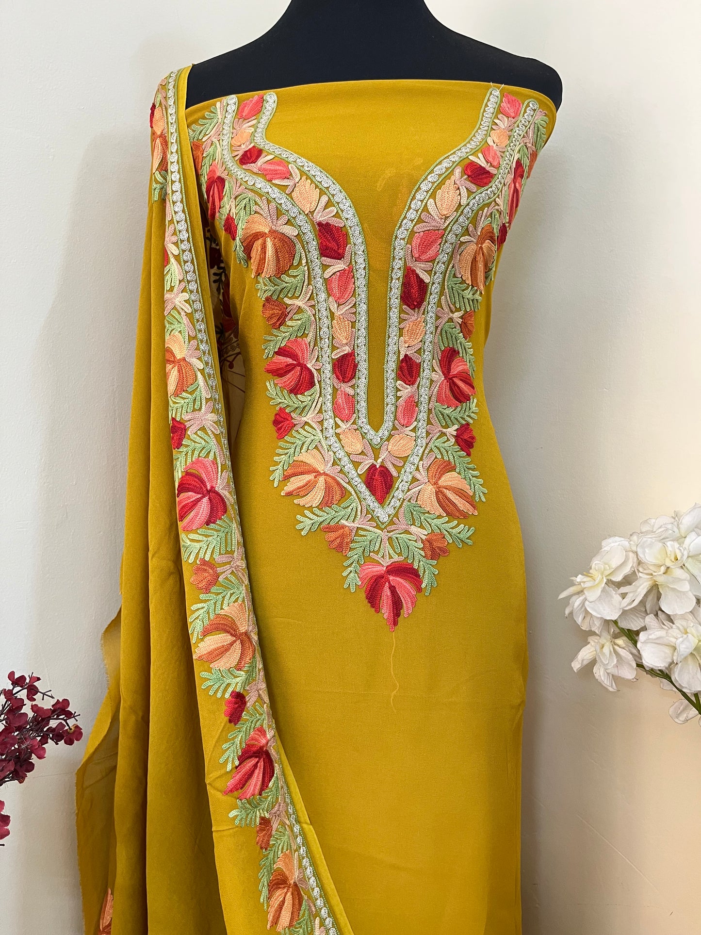 Mustard Yellow Pure Georgette Kashmiri Suit