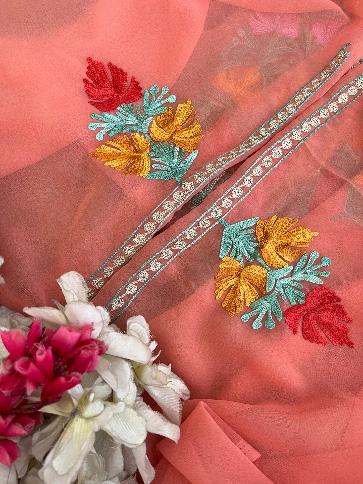 Pink Georgette 3 Pc Aari Embroidered Suit Set
