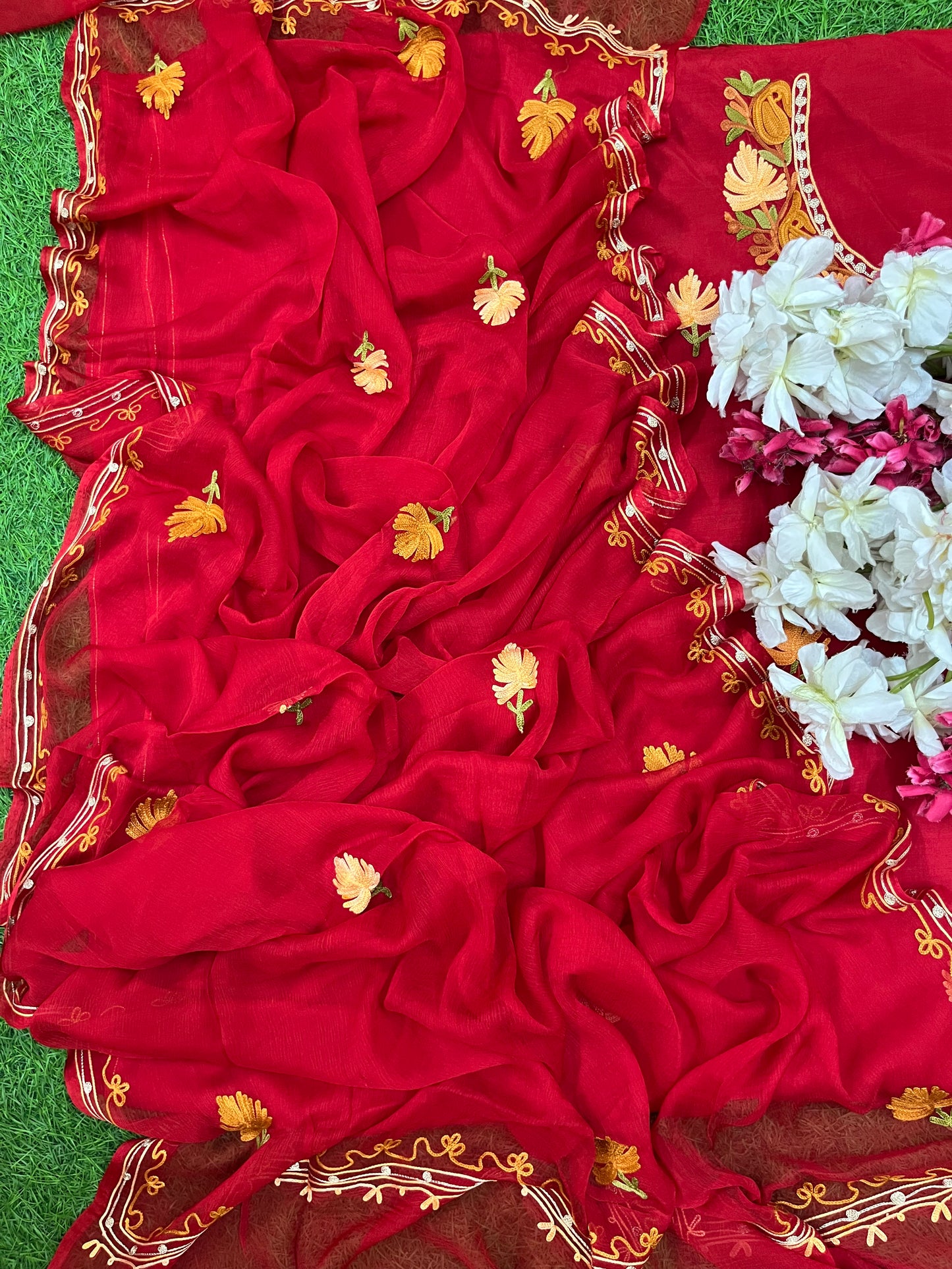 Red Muslin Cotton Jaal Sleeves Kashmiri 3pc Suit