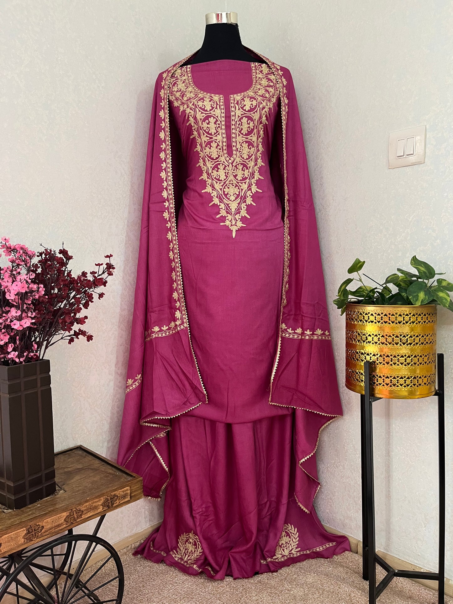 Hot Pink Silk Pashmina Kashmiri Suit