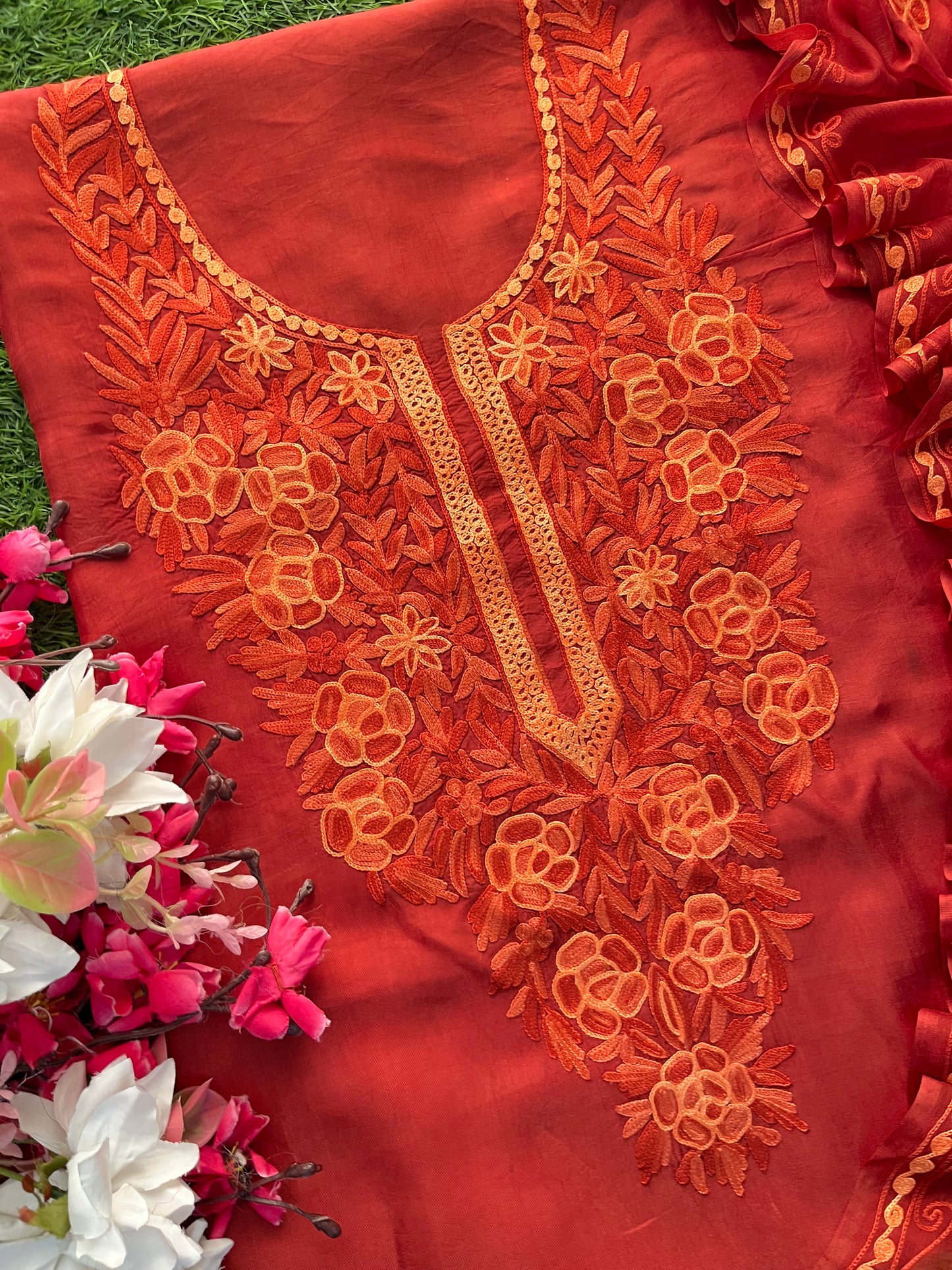 Orange Silk Kashmiri Suit