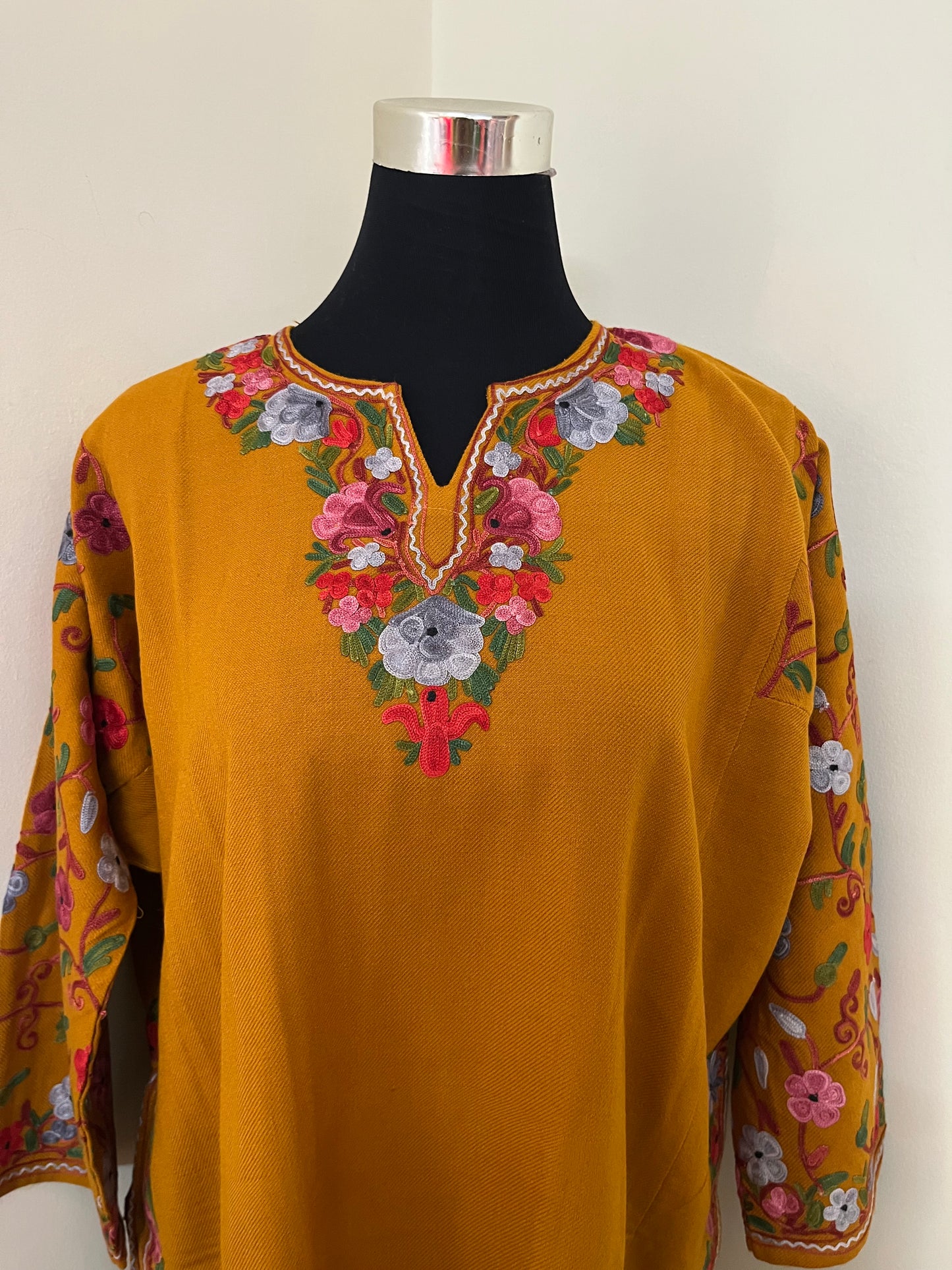 Mustard Aari Embroidered Wool Pheran