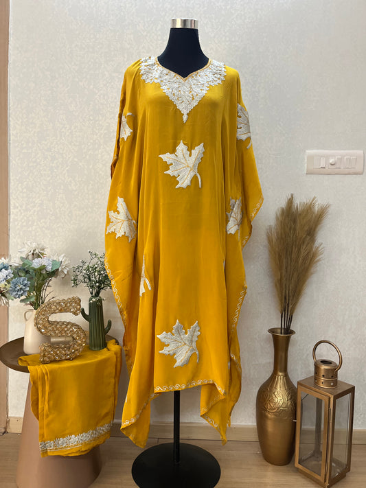 Yellow Crape Kashmiri Kaftan Set